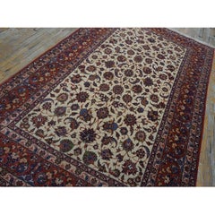 1950s Beige Field & Red Rust Border Floral Vintage Isfahan Wool Silk Carpet Rug