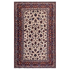1950s Beige Field & Red Rust Border Floral Vintage Isfahan Wool Silk Carpet Rug