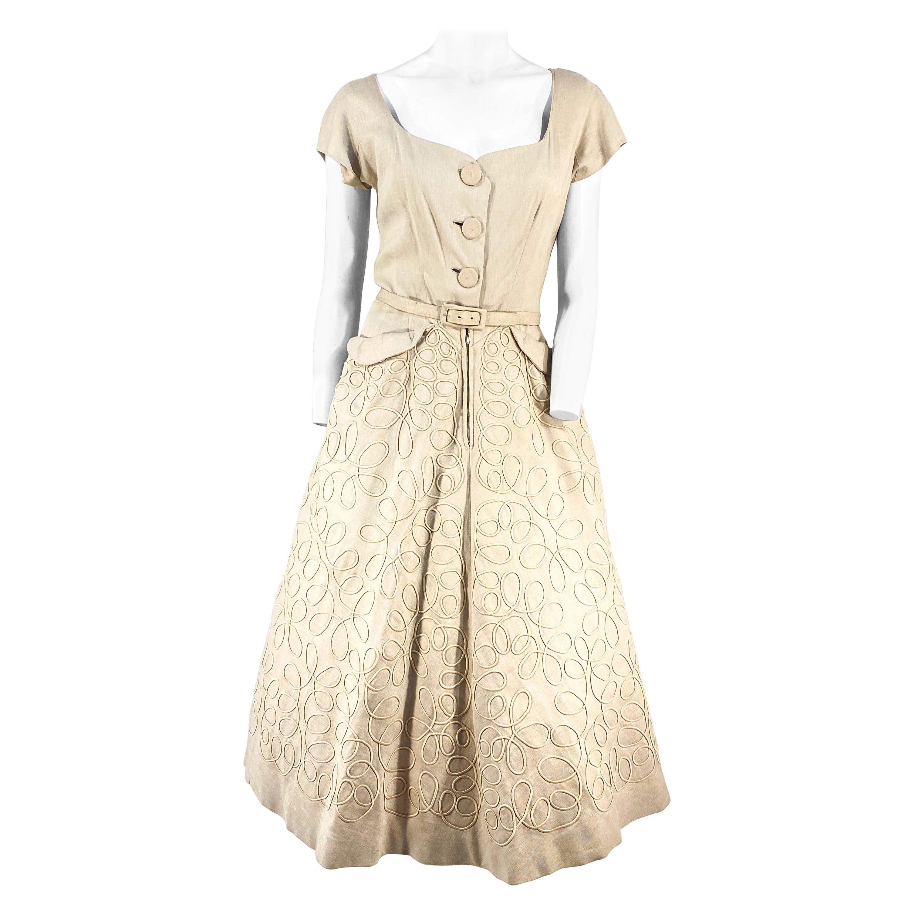 1950s Beige Linen Day Dress with Decorative Piping For Sale
