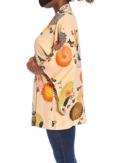 1950S Beige Silk Crepe Hand Painted Ombré Deco Floral Kimono