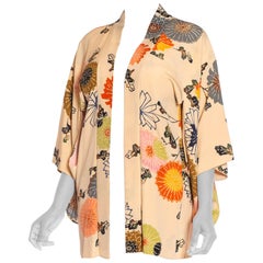 1950S Beige Silk Crepe Hand Painted Ombré Deco Floral Kimono