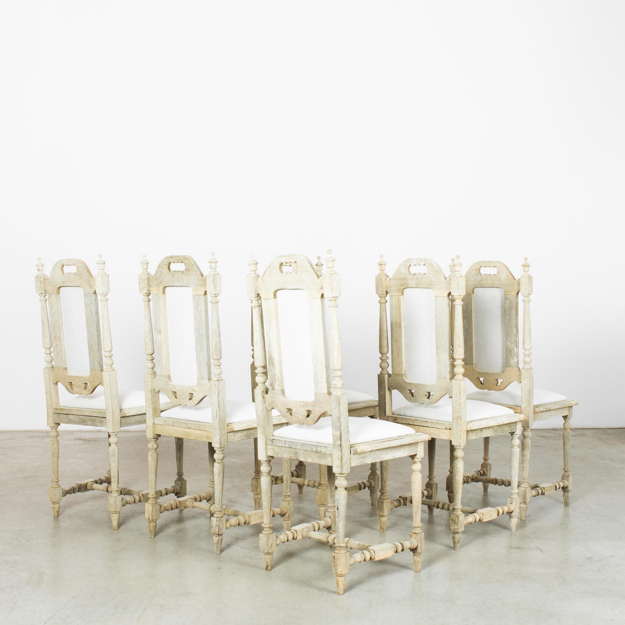 1950s Belgian Bleached Oak Chairs with Upholstered Seats and Backs, Set of Six For Sale 6