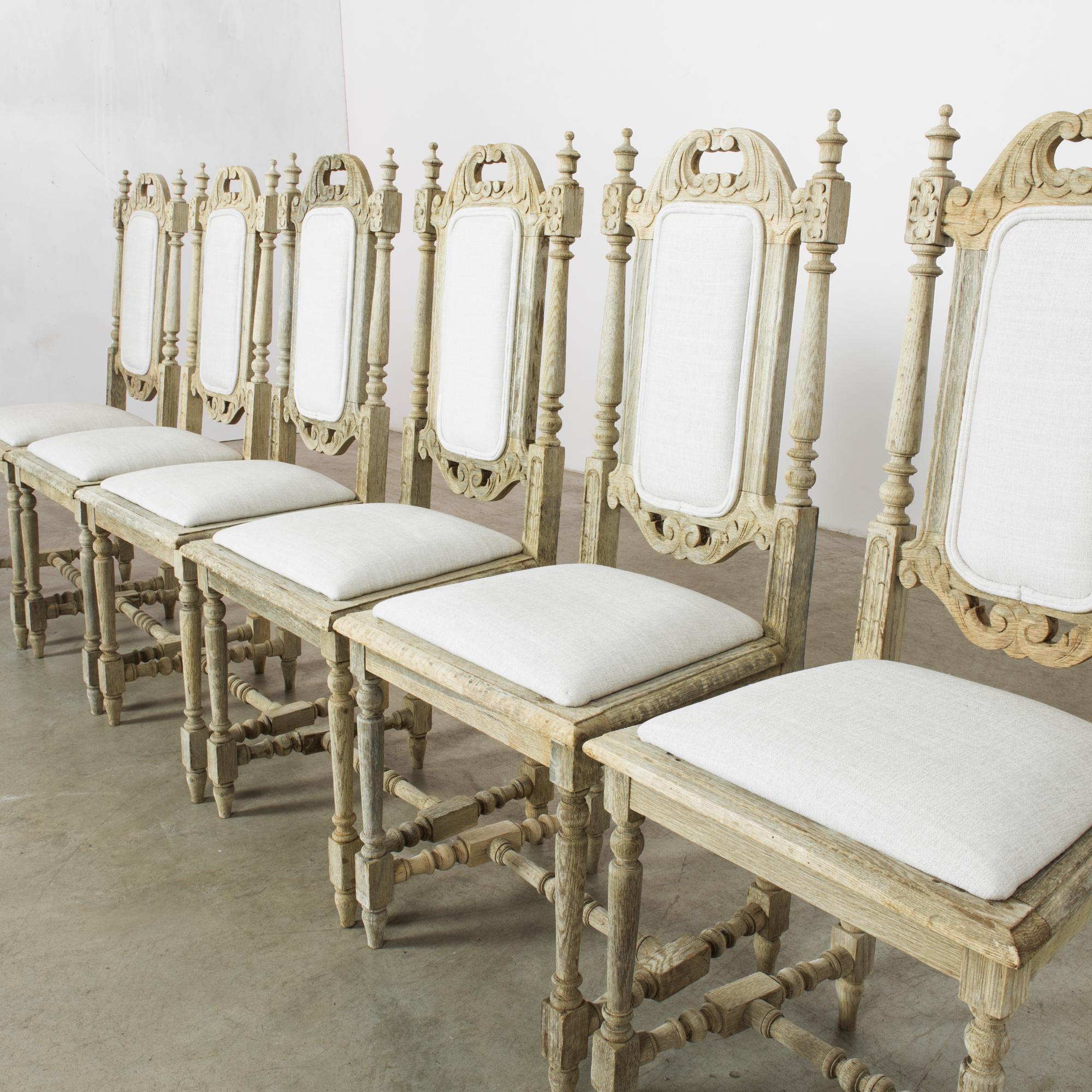 Hand-Carved 1950s Belgian Bleached Oak Chairs with Upholstered Seats and Backs, Set of Six For Sale
