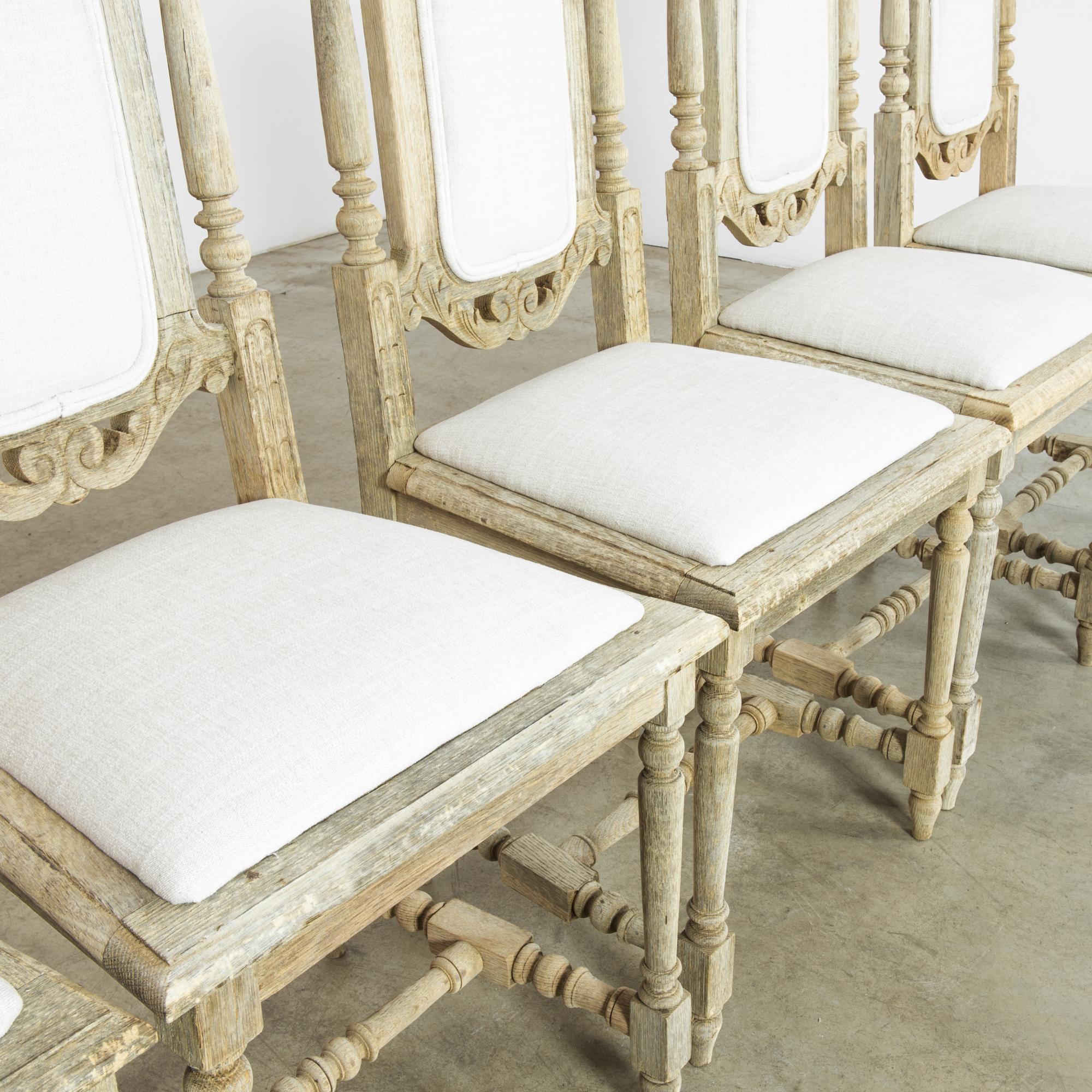 1950s Belgian Bleached Oak Chairs with Upholstered Seats and Backs, Set of Six For Sale 2