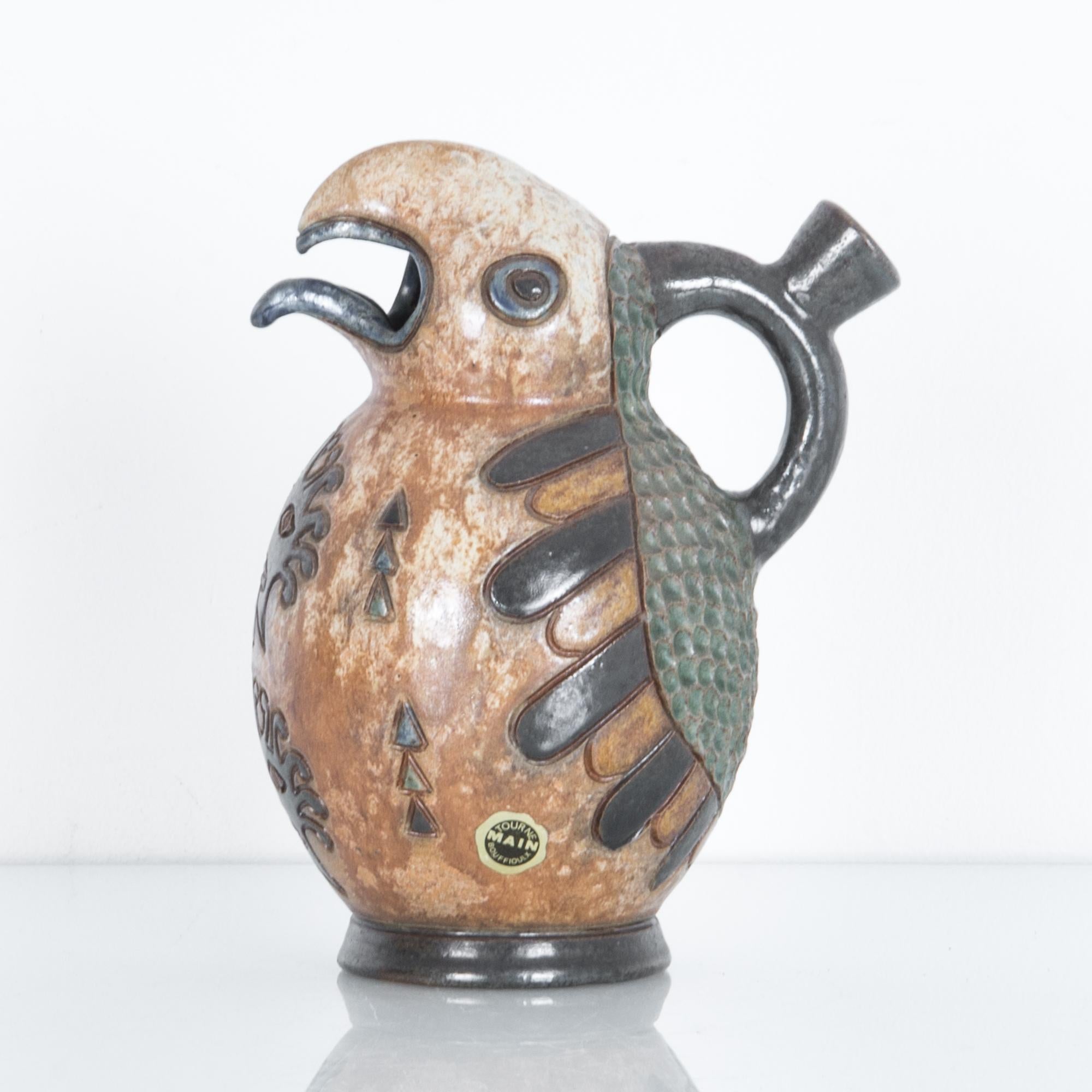 Sculptural ceramic stoneware vessel from Belgium, circa 1950. These distinctive ceramics pieces were produced in mid-20th century Belgium in the Bouffioulx region. Featuring distinctive graphic textured glazes on simple forms this local style was