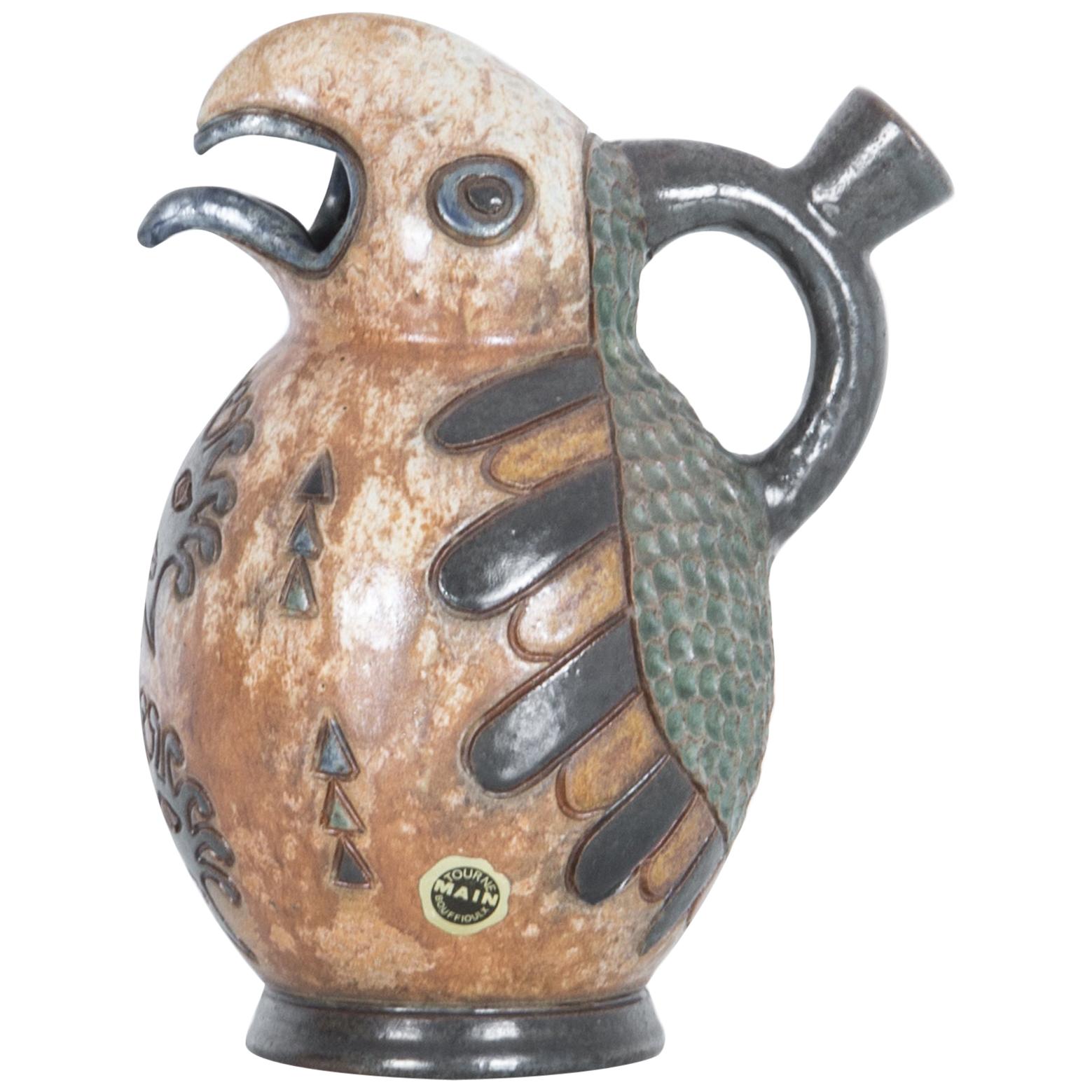 1950s Belgian Bouffioulx Carved Turtle Ceramic Pitcher