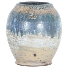 1950s Belgian Bouffioulx Natural Blue Striped Ceramic Vase