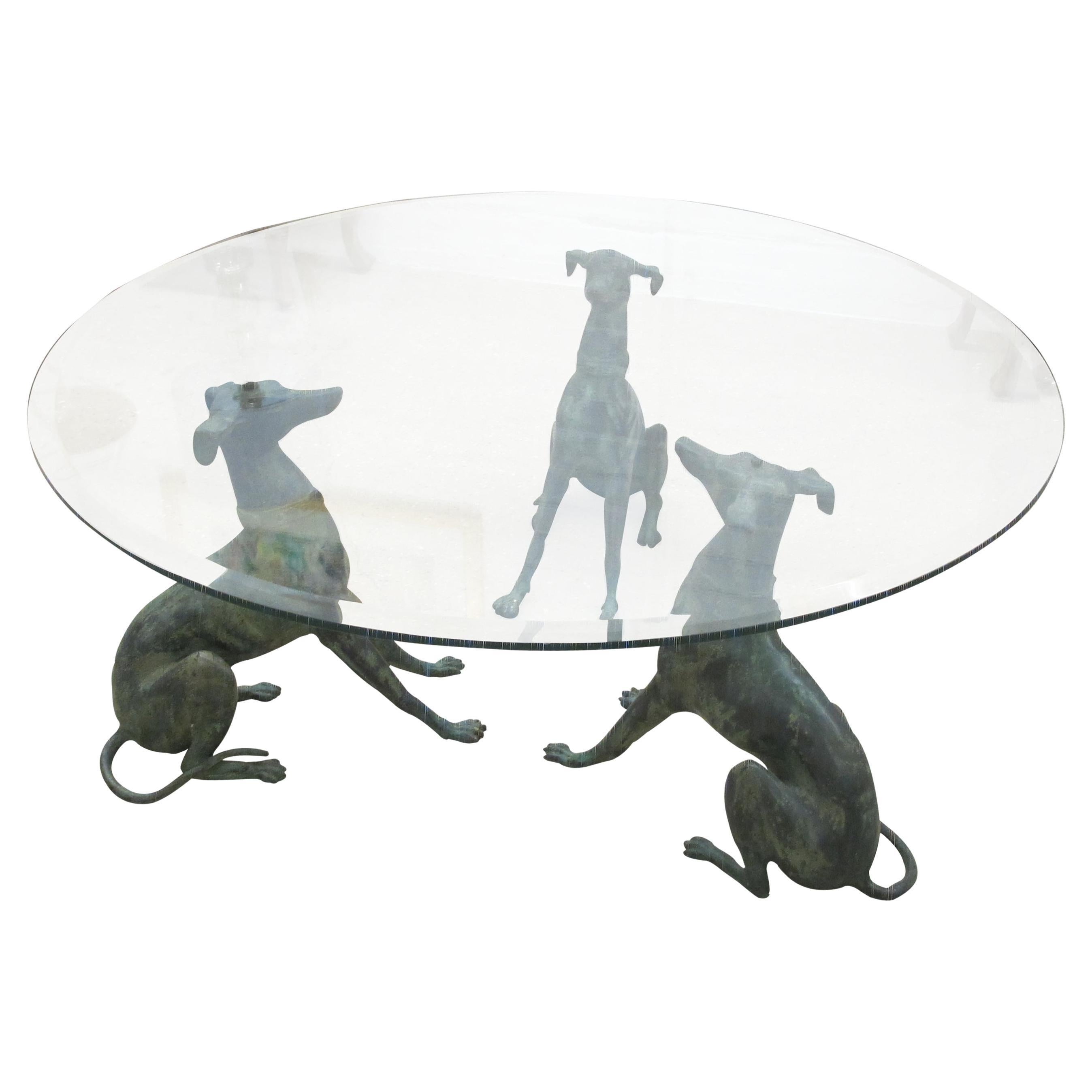 1950s Belgian Coffee Table with Bronze Whippet Sculptures and Glass Top