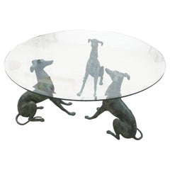 1950s Belgian Coffee Table with Bronze Whippet Sculptures and Glass Top