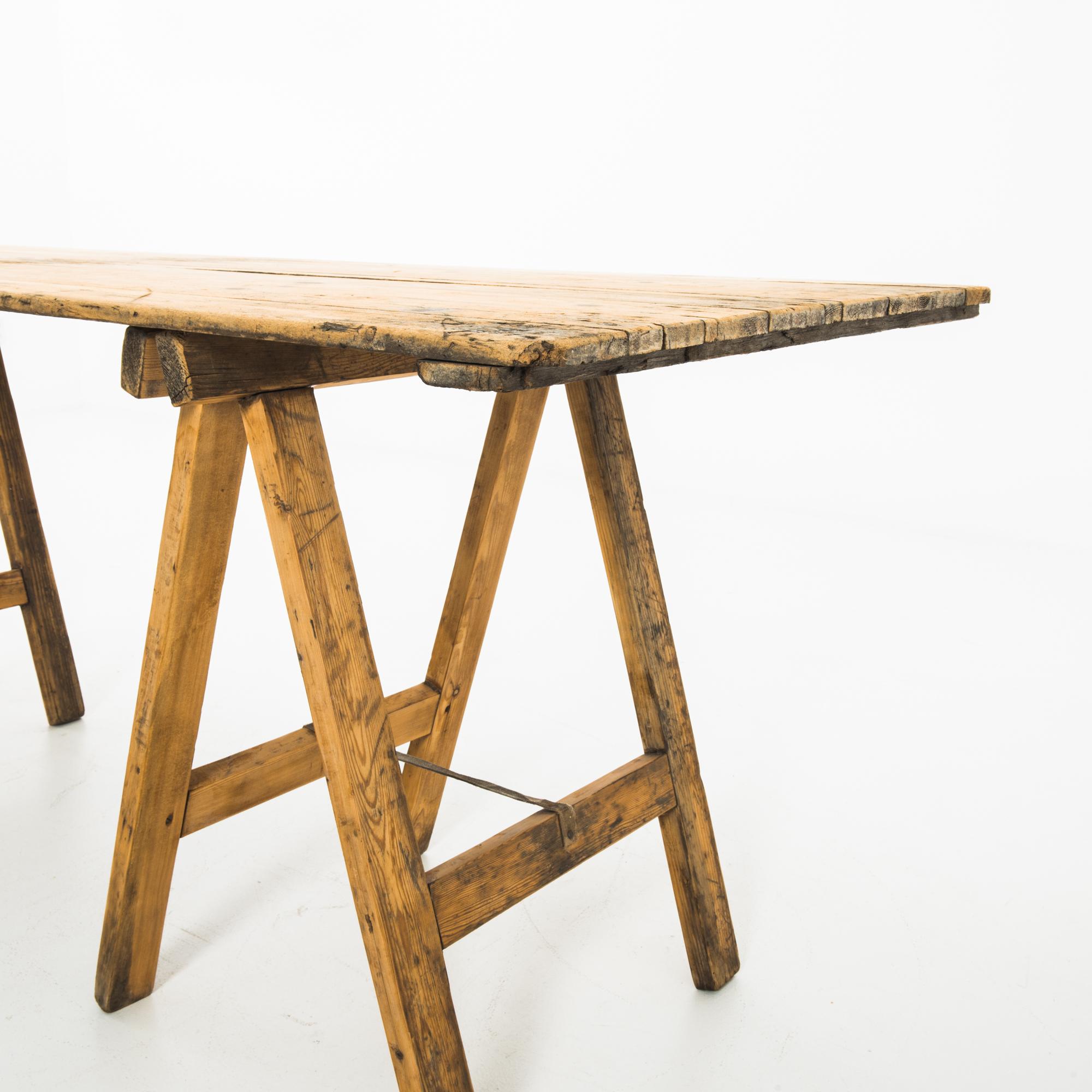 1950s Belgian Industrial Sawhorse Table In Good Condition In High Point, NC