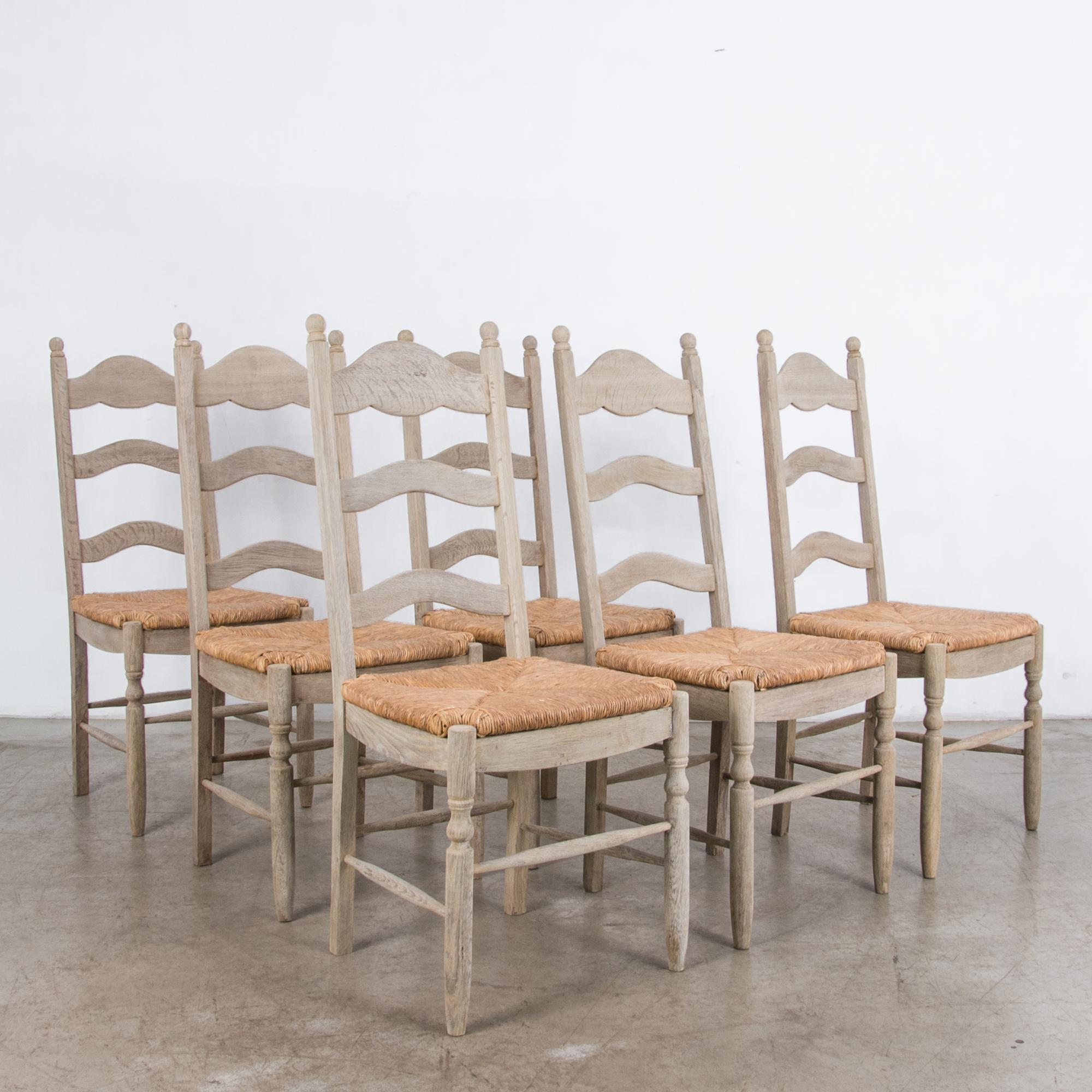 French Provincial 1950s Belgian Rustic Oak Dining Chairs, Set of Six