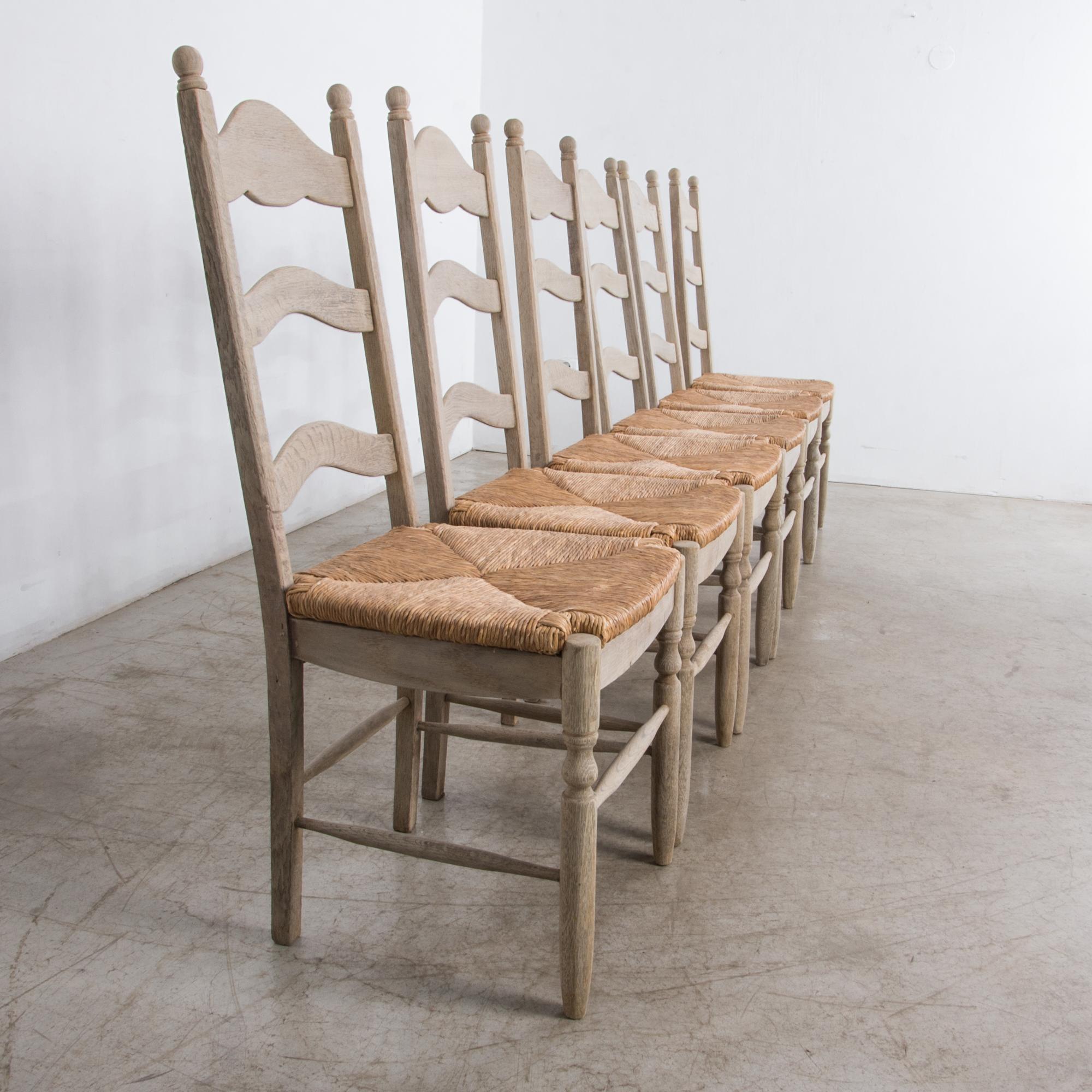 Mid-20th Century 1950s Belgian Rustic Oak Dining Chairs, Set of Six