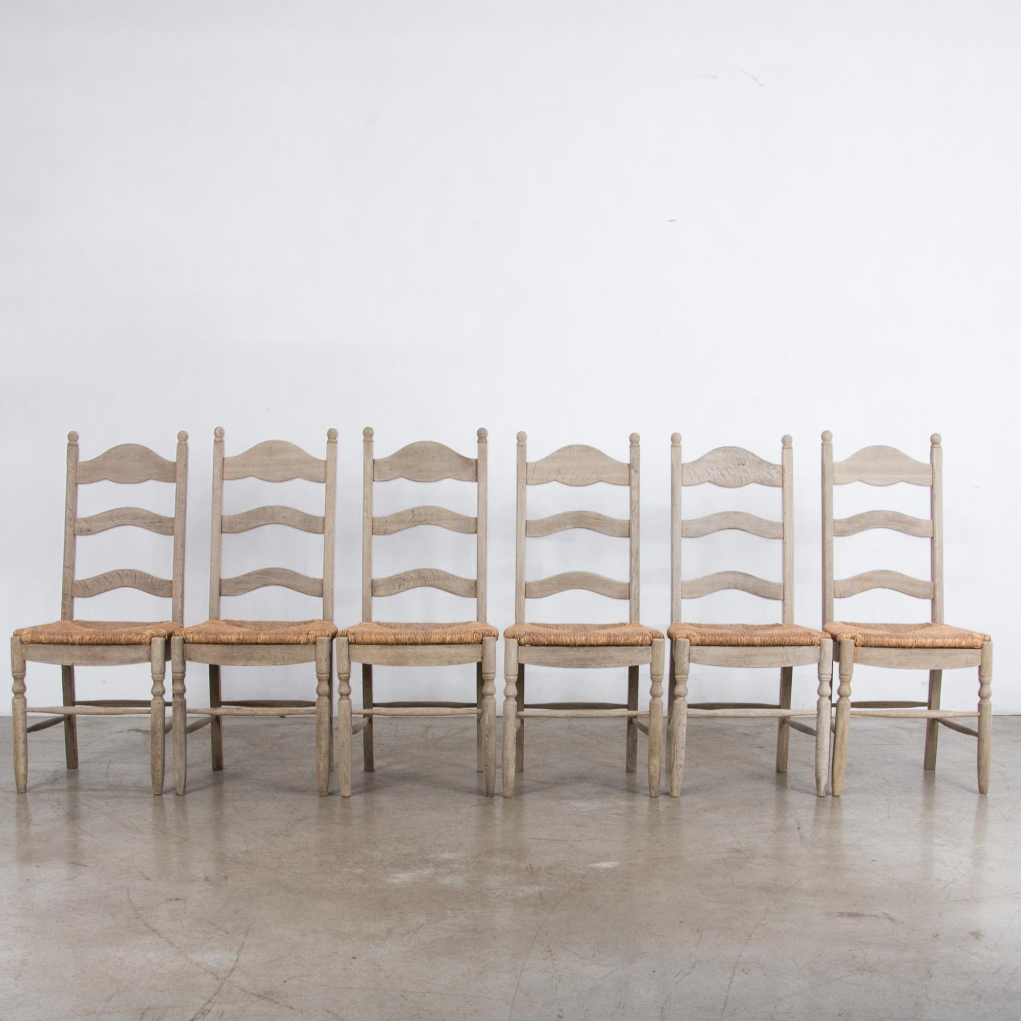 Wicker 1950s Belgian Rustic Oak Dining Chairs, Set of Six