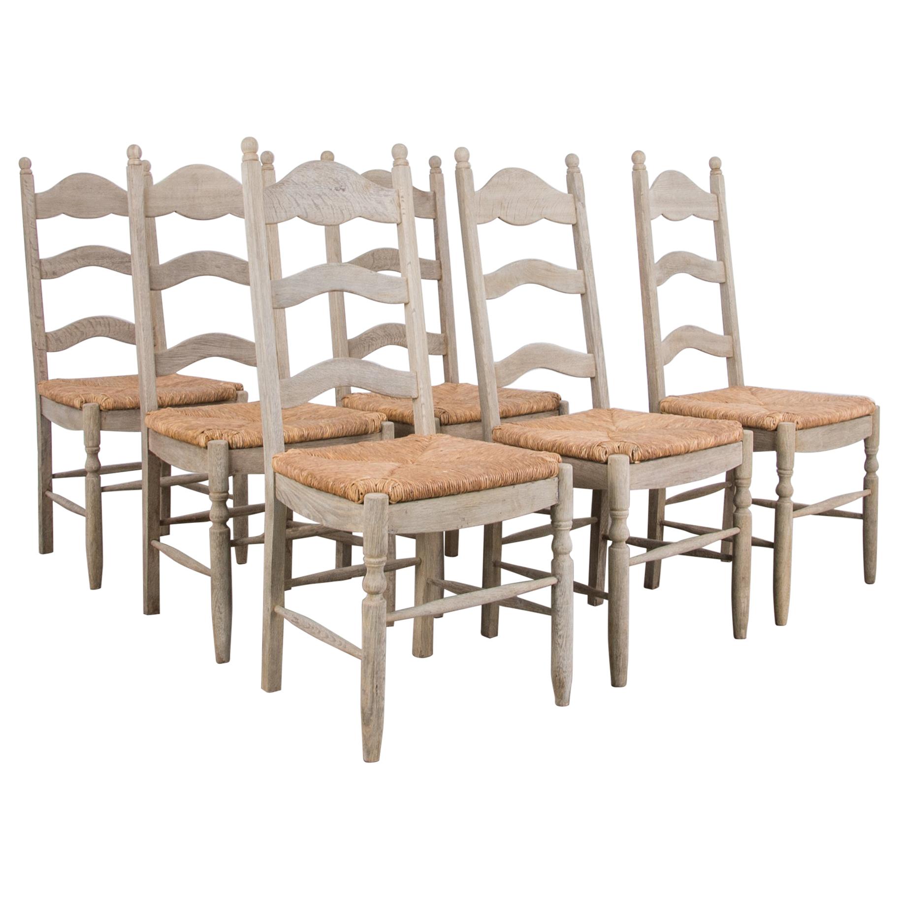 1950s Belgian Rustic Oak Dining Chairs, Set of Six