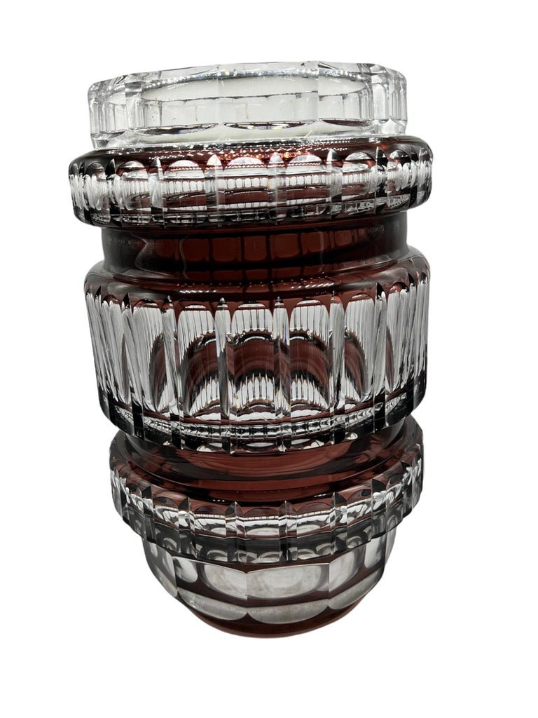 1950s Belgian vase Val Saint Lambert crystal Vase designed by Joseph Simon. Blown and cut clear crystal with plum brown casing of different and very geometrical patterns.
     