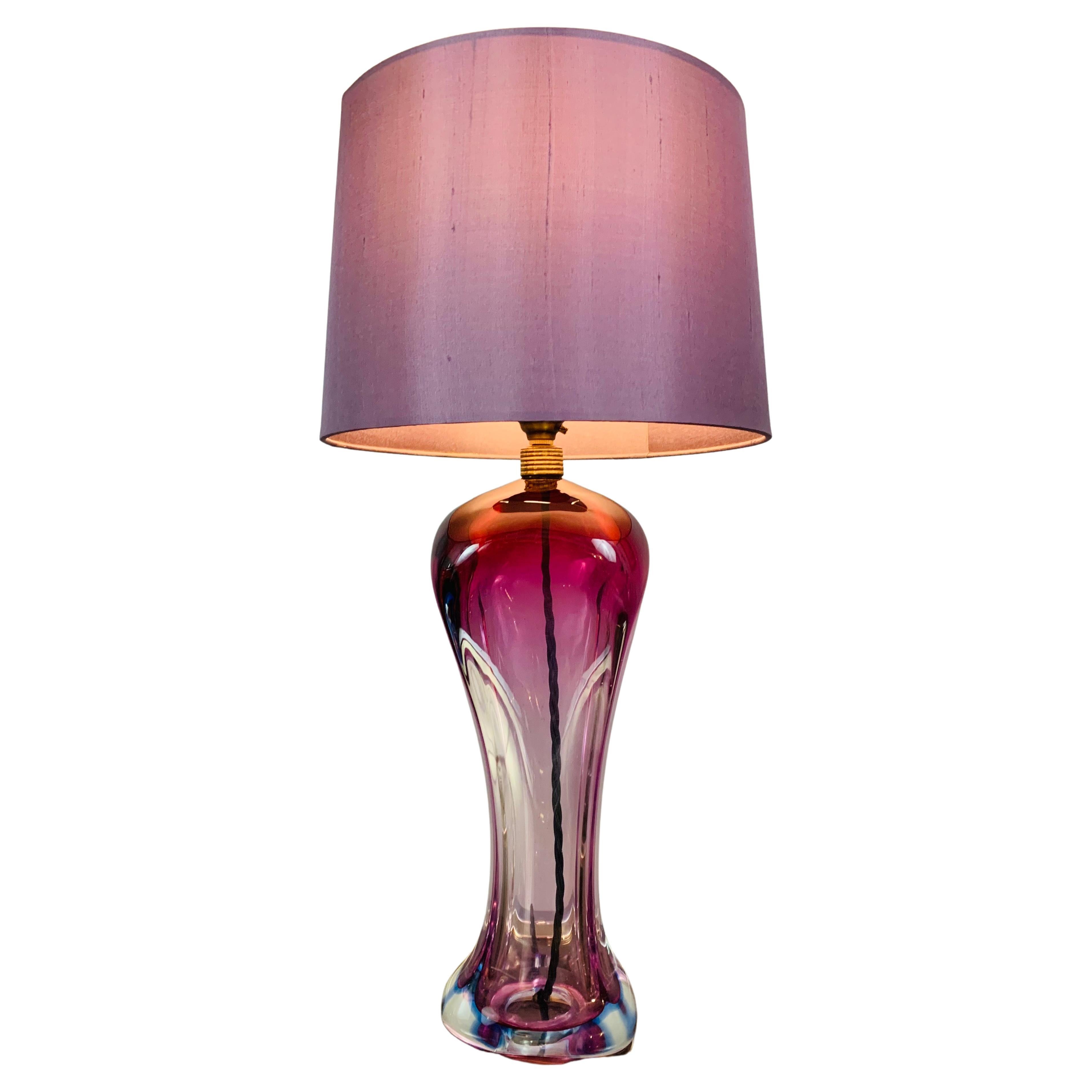 1950s Belgium Purple, Violet & Clear Hourglass Shaped Table Lamp Brass Fitting