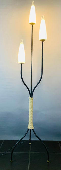 1950er Belgien Dreifach konisches Licht Geschwärzter Stahl:: Seil & Messing Stehlampe