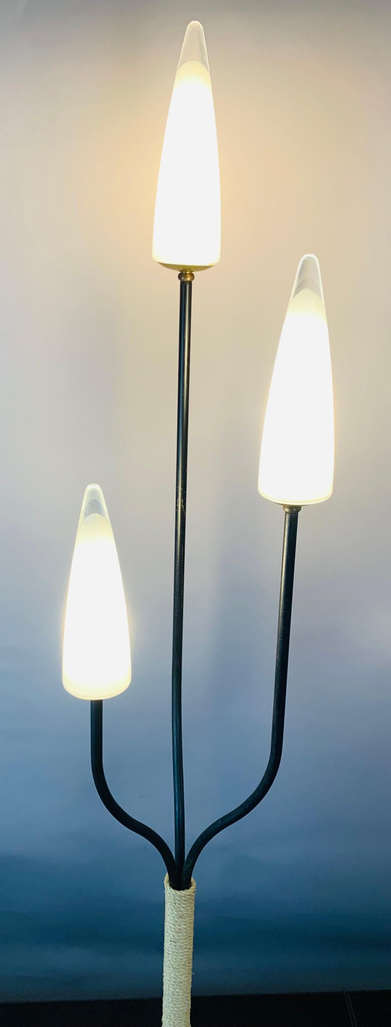 1950s Belgium Triple Conical Light Blackened Steel, Rope and Brass ...
