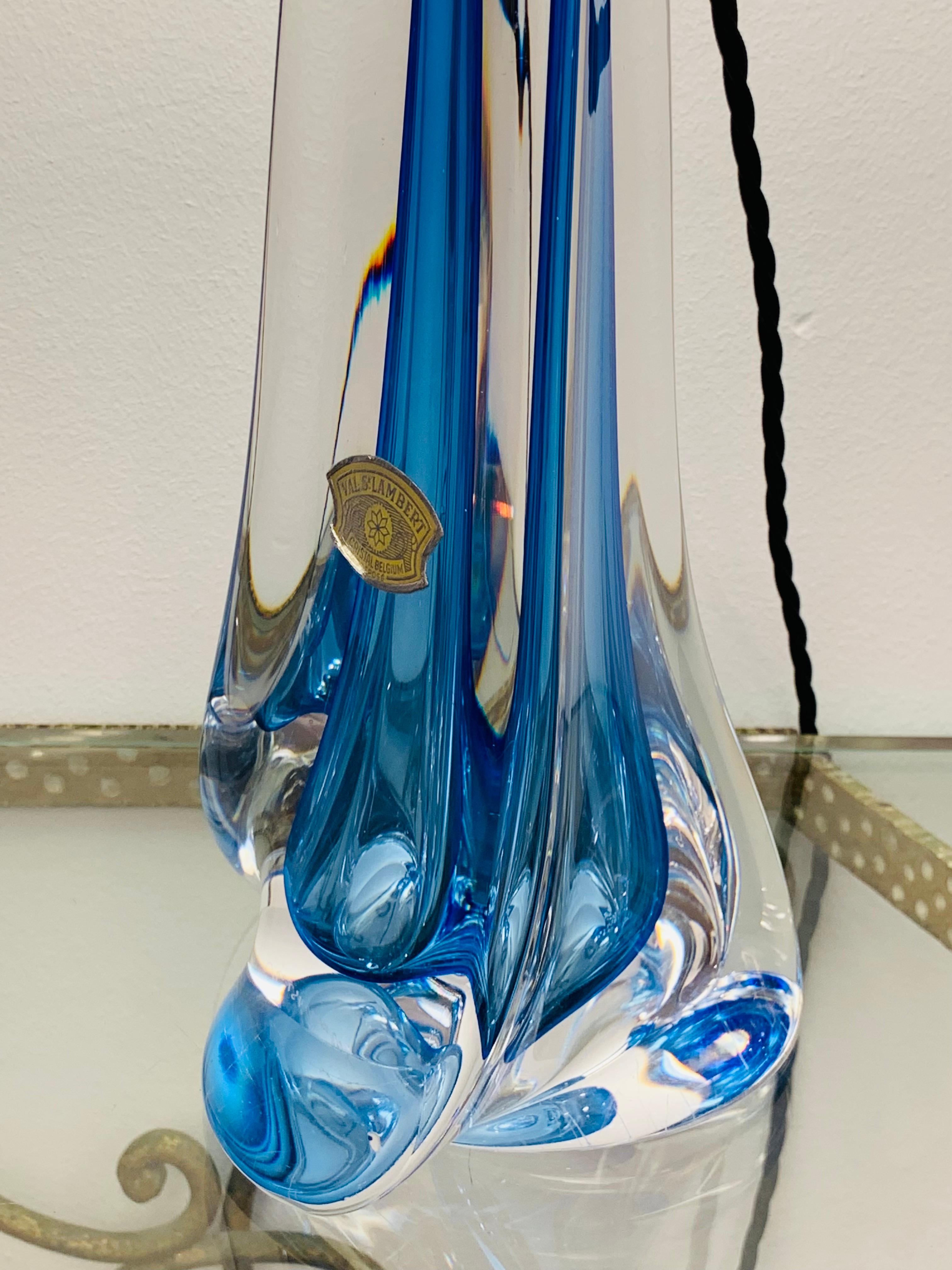 1950s, Belgium Val Saint Lambert Blue Crystal Glass Table Lamp Signed & Labelled 3