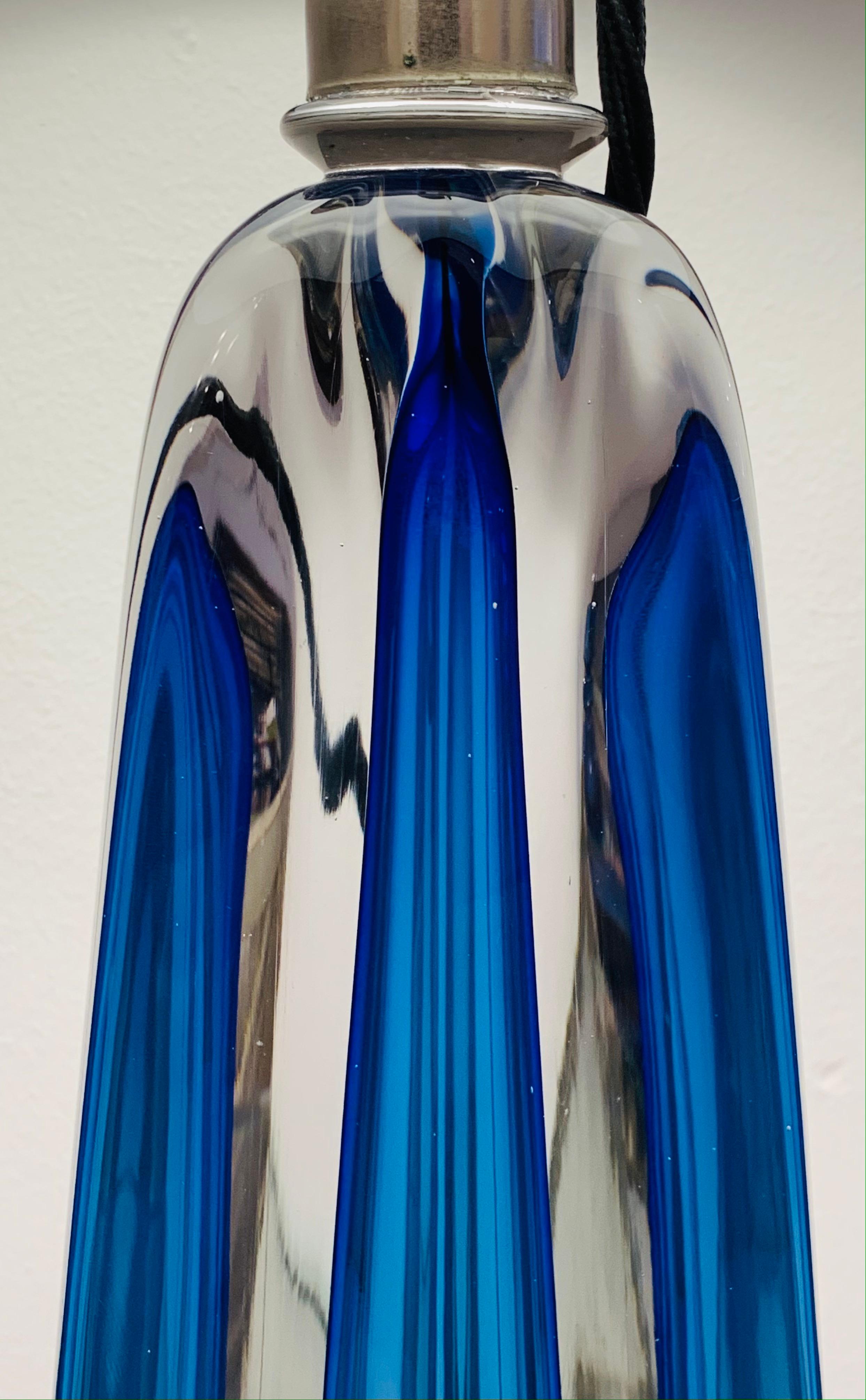 1950s, Belgium Val Saint Lambert Blue Crystal Glass Table Lamp Signed & Labelled 4