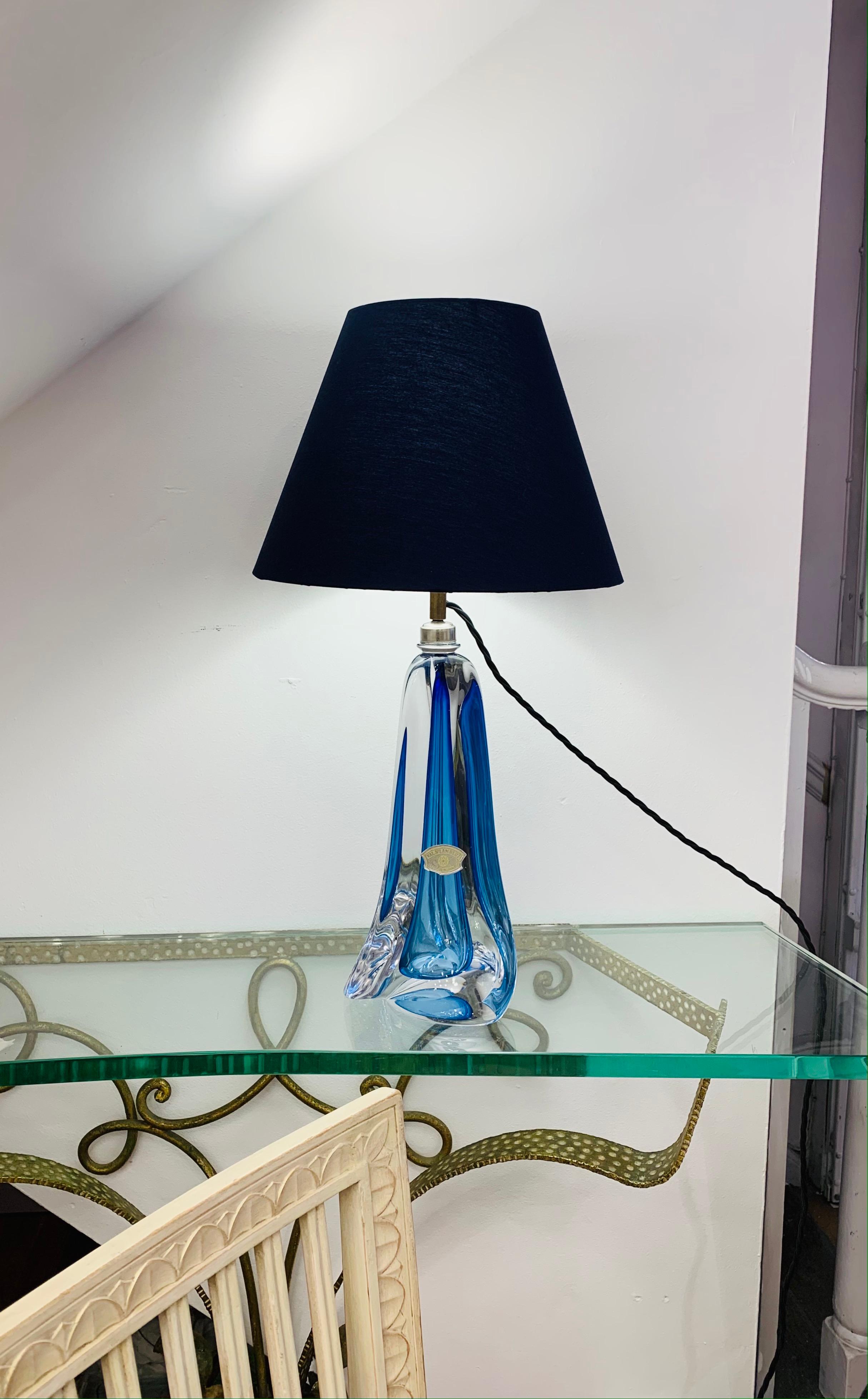 1950s, Belgium Val Saint Lambert Blue Crystal Glass Table Lamp Signed & Labelled 8