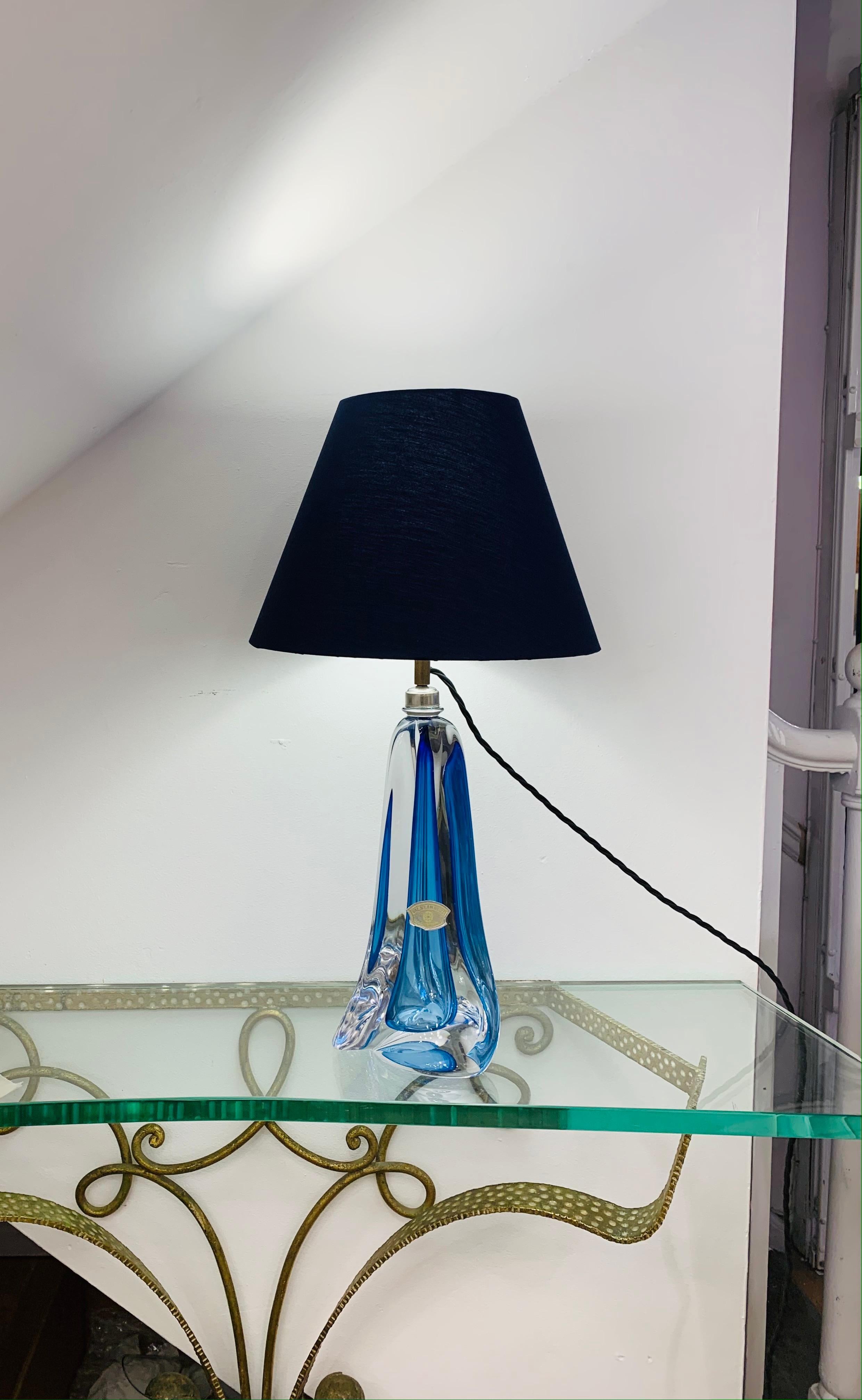 1950s, Belgium Val Saint Lambert Blue Crystal Glass Table Lamp Signed & Labelled 9