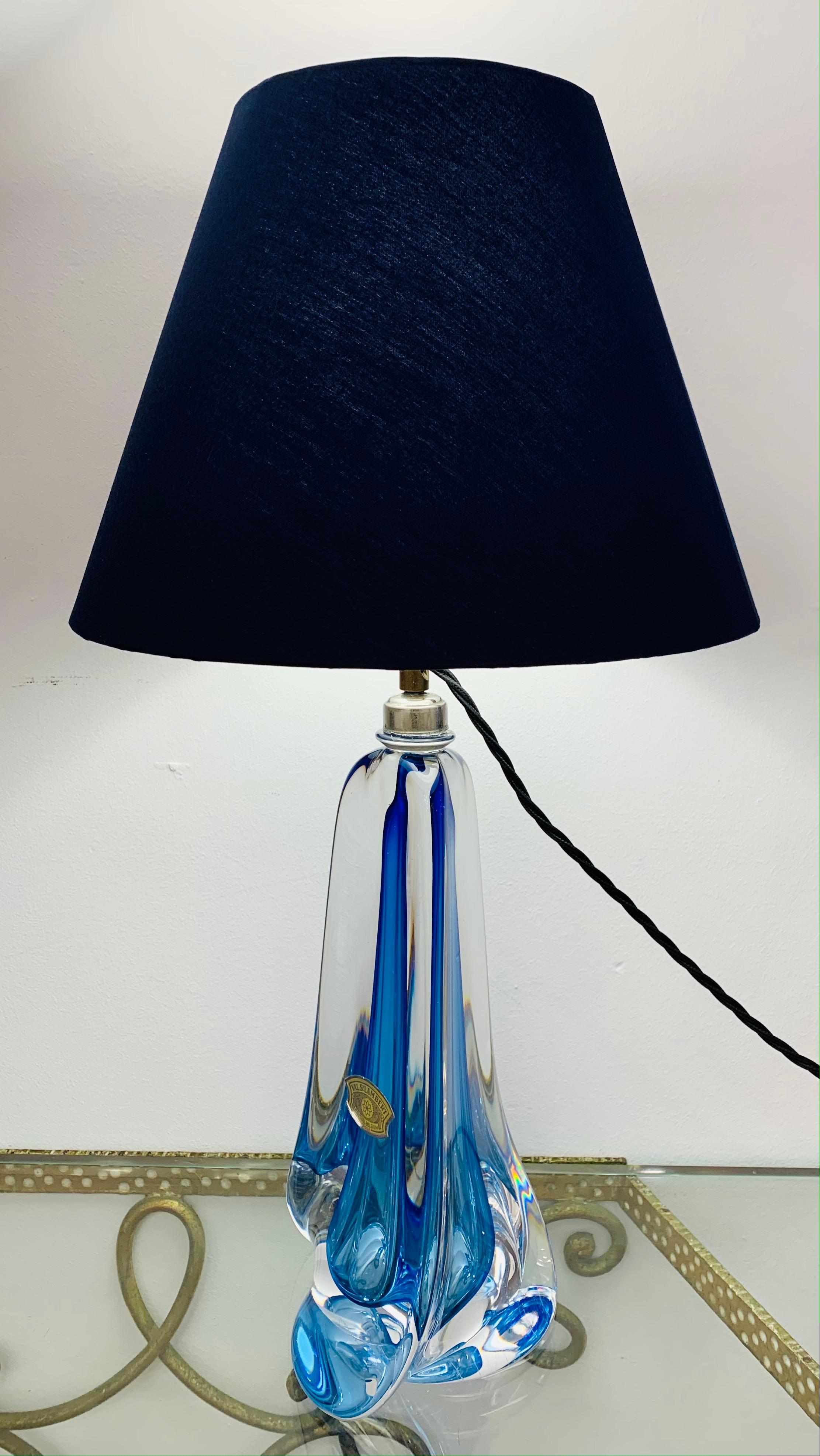 Mid-Century Modern 1950s, Belgium Val Saint Lambert Blue Crystal Glass Table Lamp Signed & Labelled