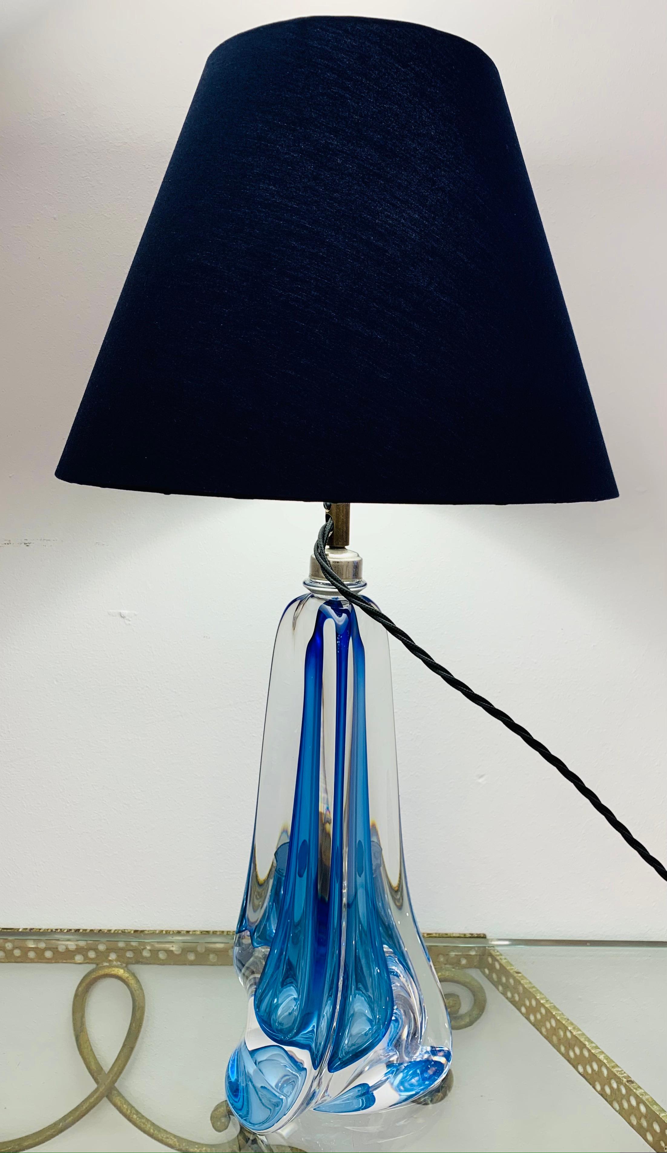 Belgian 1950s, Belgium Val Saint Lambert Blue Crystal Glass Table Lamp Signed & Labelled