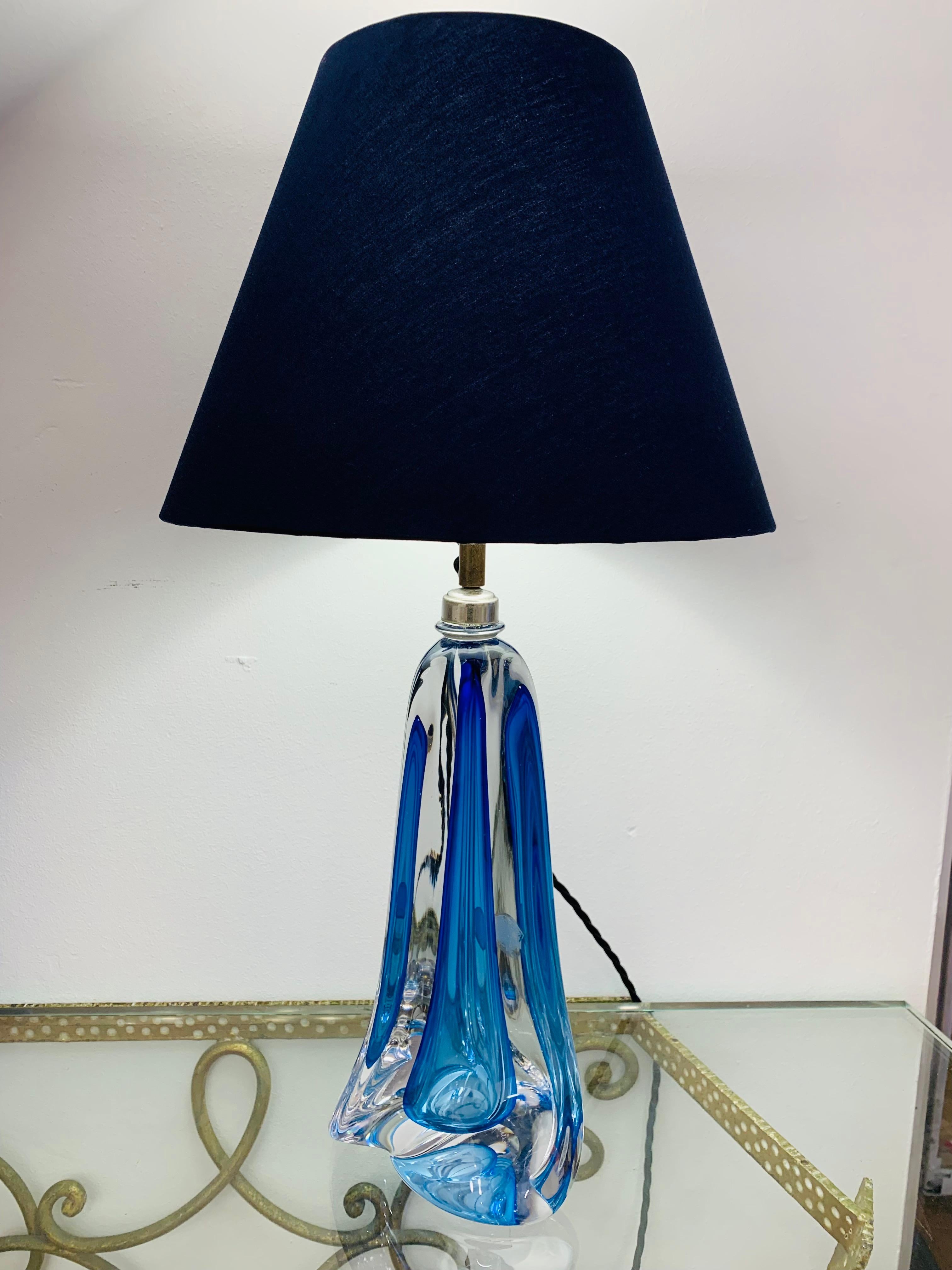1950s, Belgium Val Saint Lambert Blue Crystal Glass Table Lamp Signed & Labelled In Good Condition In London, England