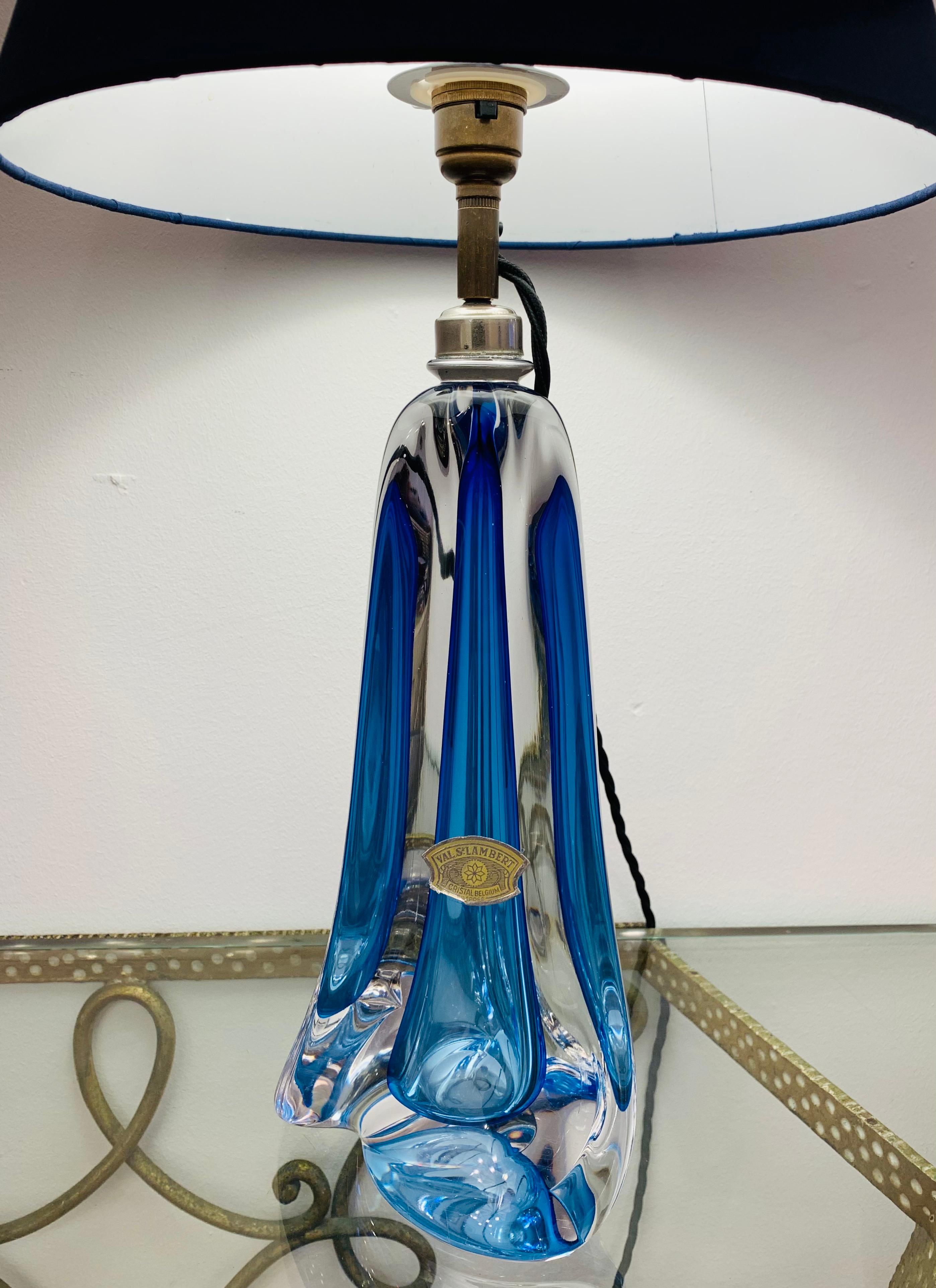 Brass 1950s, Belgium Val Saint Lambert Blue Crystal Glass Table Lamp Signed & Labelled