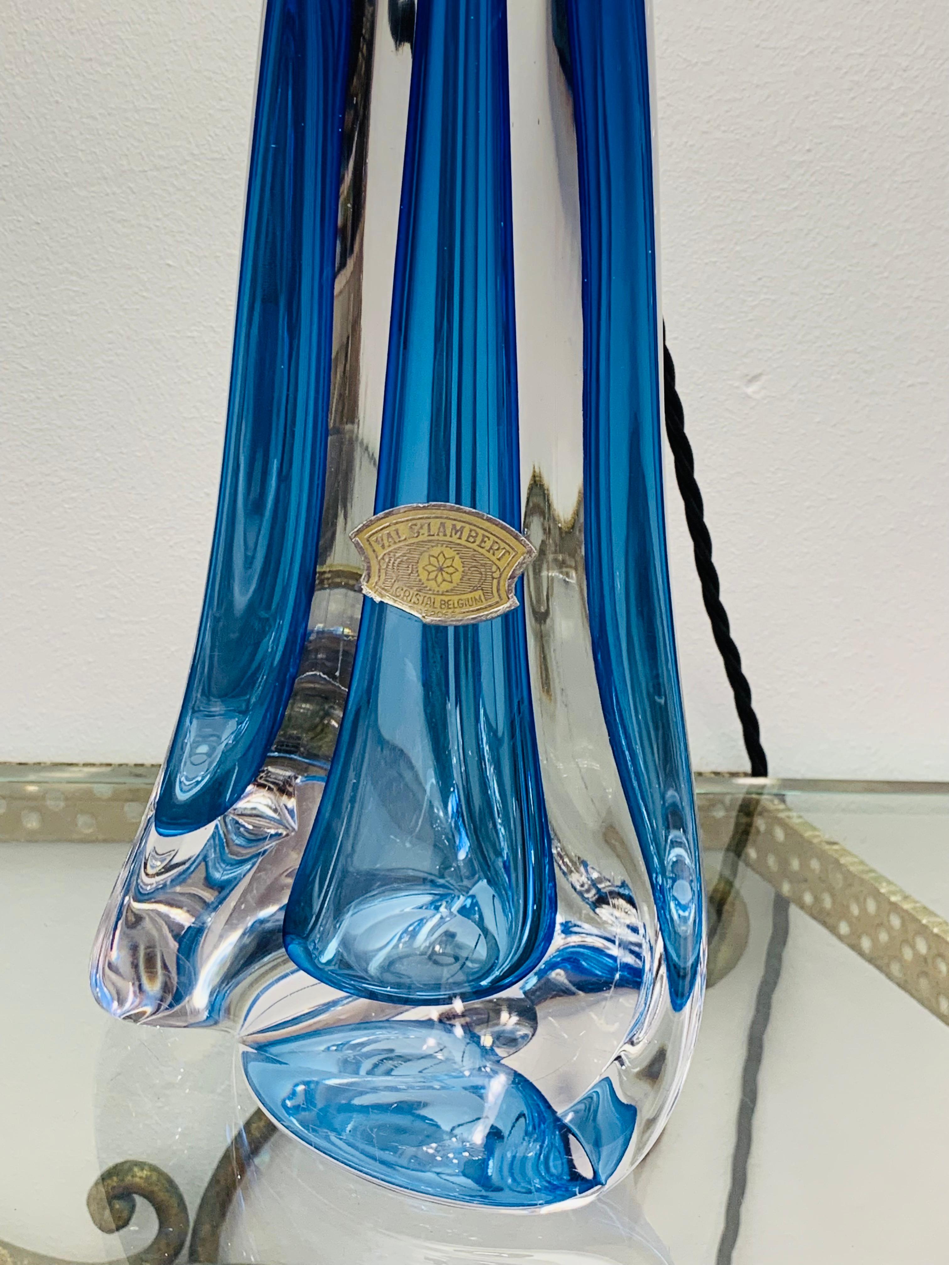 1950s, Belgium Val Saint Lambert Blue Crystal Glass Table Lamp Signed & Labelled 1