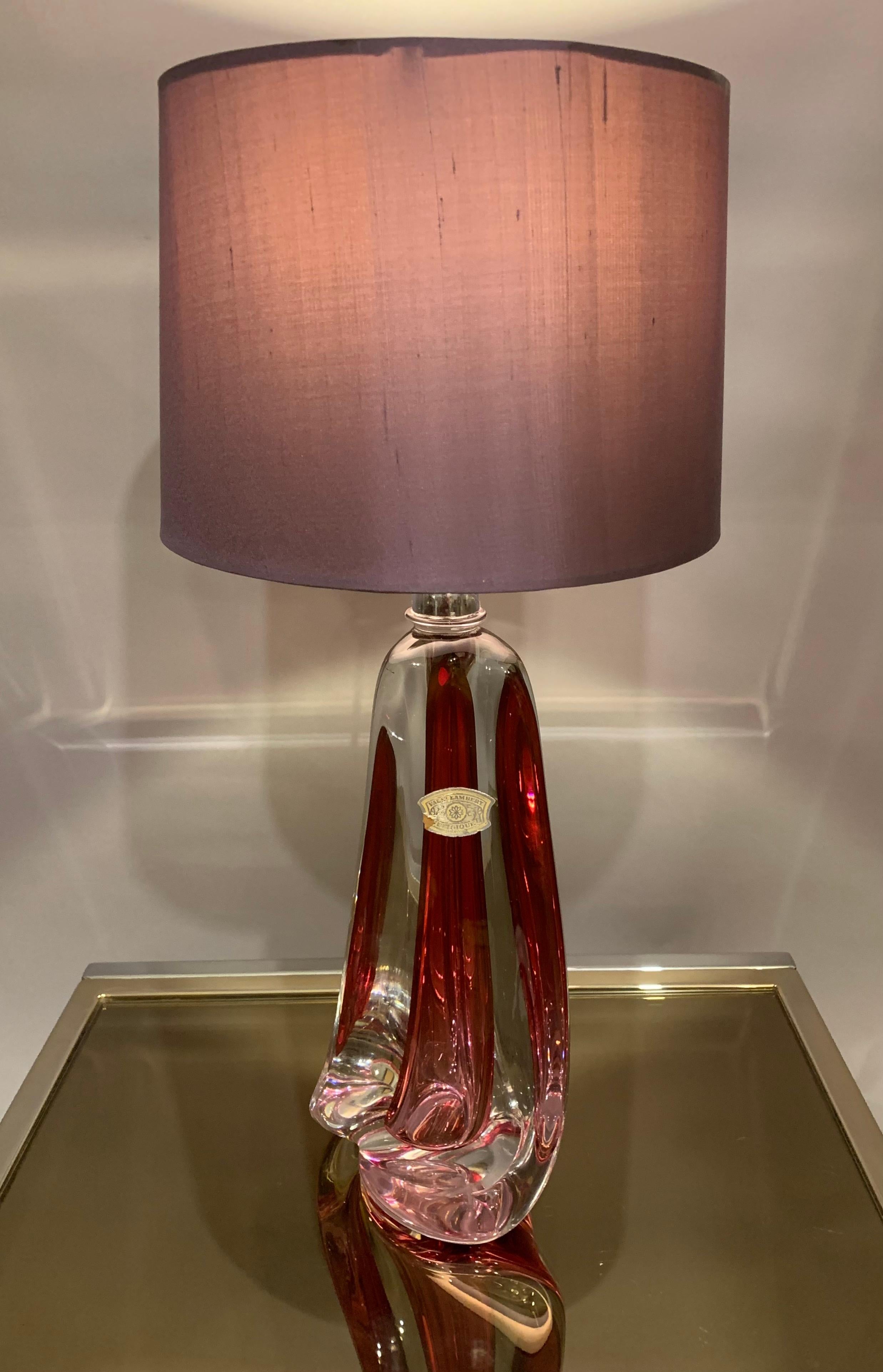 Mid-Century Modern 1950s Belgium Val Saint Lambert Dark Red & Clear Crystal Glass Table Lamp