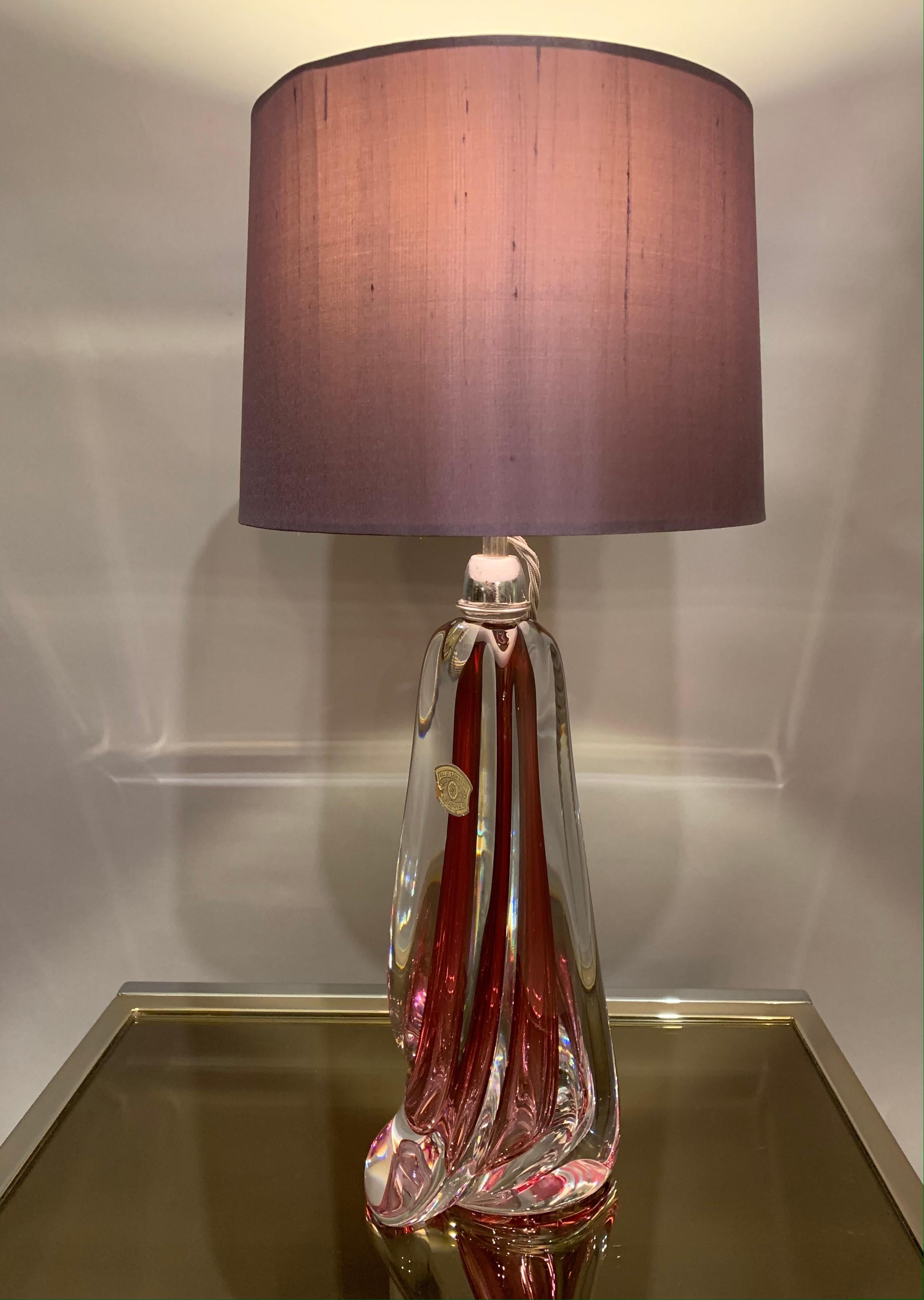 Polished 1950s Belgium Val Saint Lambert Dark Red & Clear Crystal Glass Table Lamp