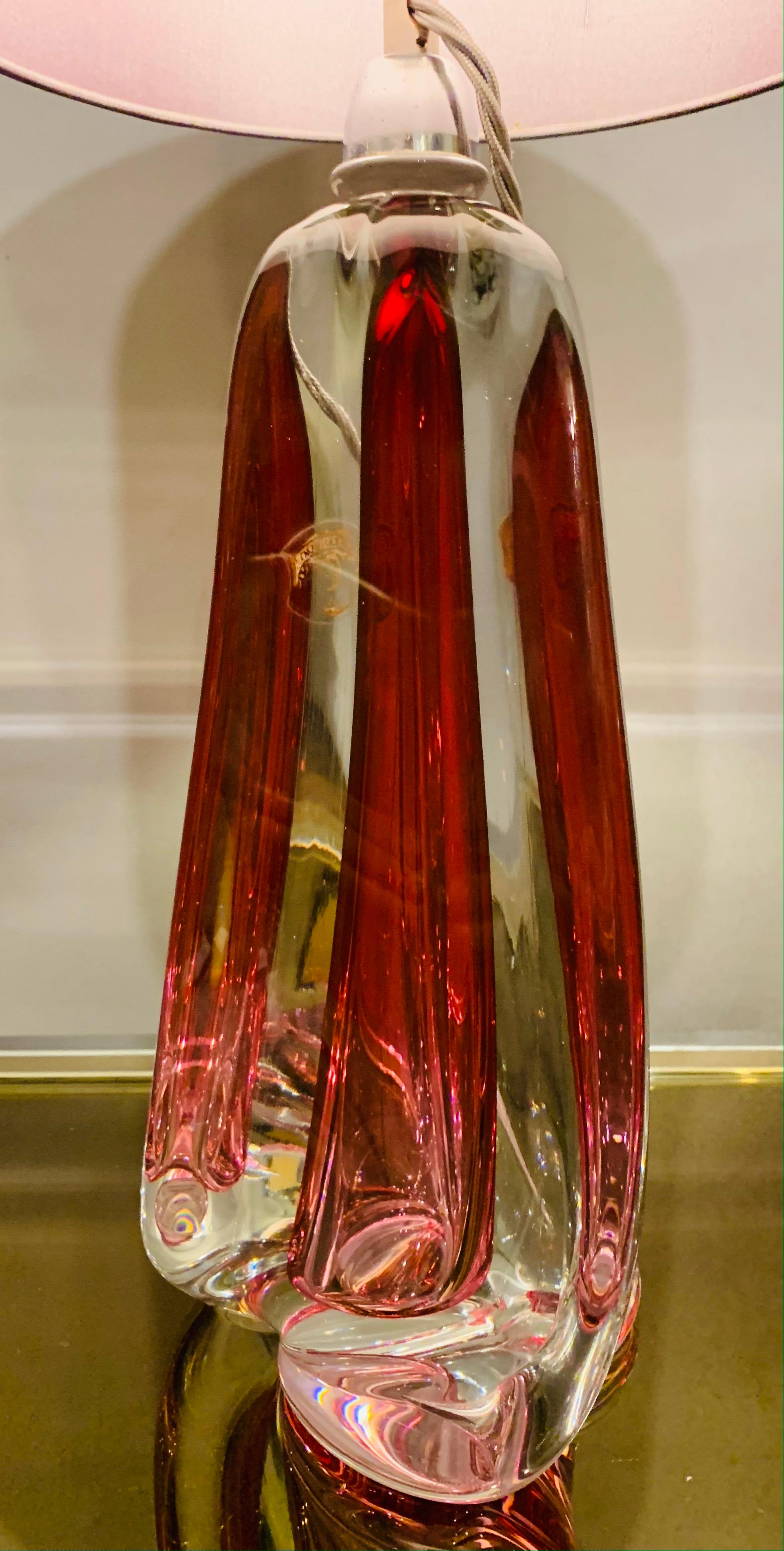 20th Century 1950s Belgium Val Saint Lambert Dark Red & Clear Crystal Glass Table Lamp