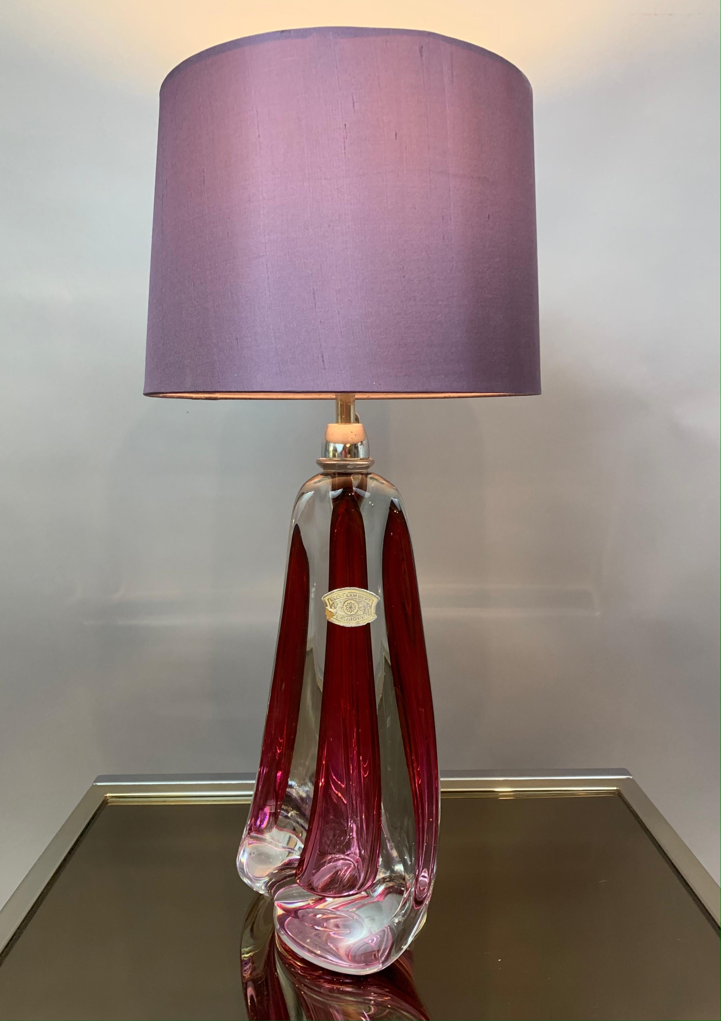 1950s Belgium Val Saint Lambert Dark Red & Clear Crystal Glass Table Lamp 1