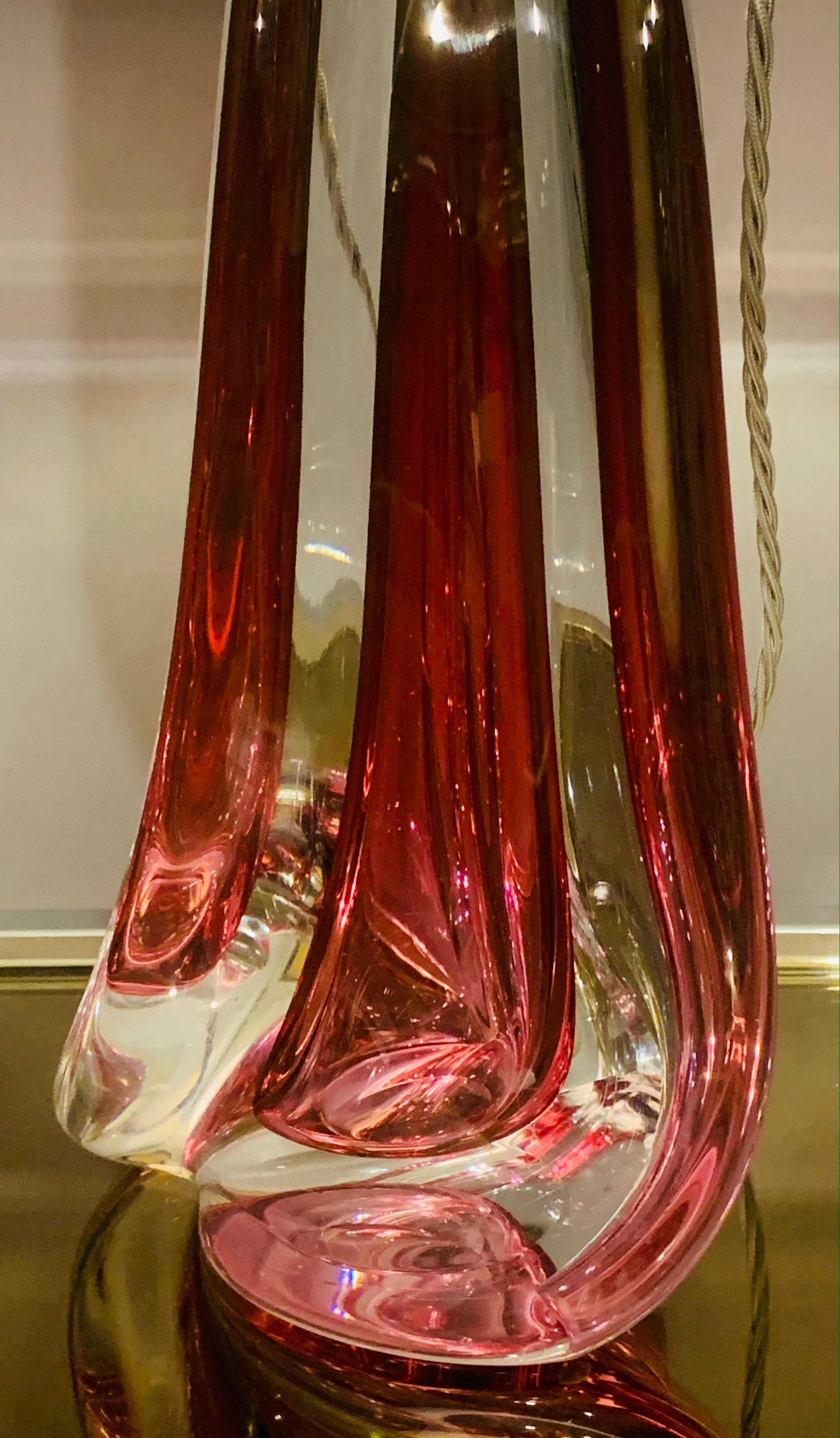 1950s Belgium Val Saint Lambert Dark Red & Clear Crystal Glass Table Lamp 3