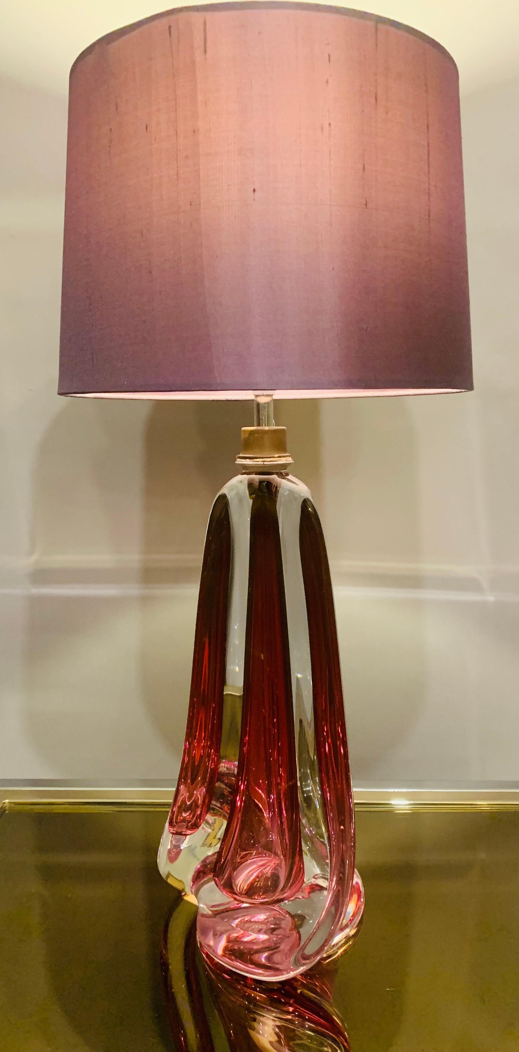 1950s Belgium Val Saint Lambert dark red and clear crystal glass table lamp of tapering geometric form with a chrome mounted bayonet bulb socket. Hand Blown in heavy lead crystal glass which makes each one unique and slightly different even if