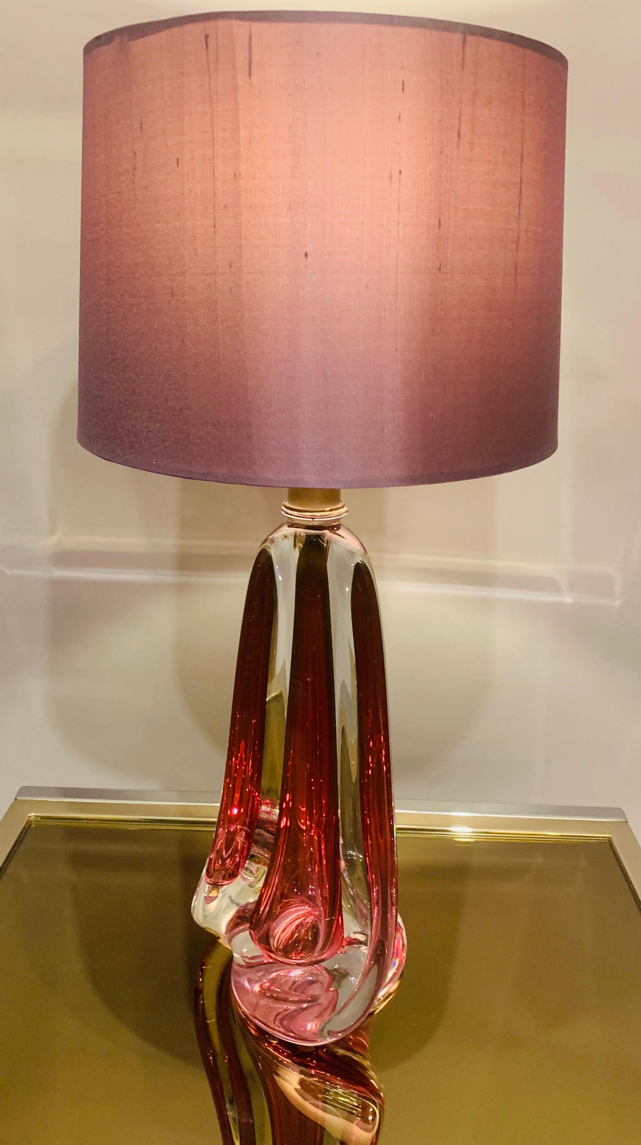 Mid-Century Modern 1950s Belgium Val Saint Lambert Dark Red & Clear Crystal Glass Table Lamp