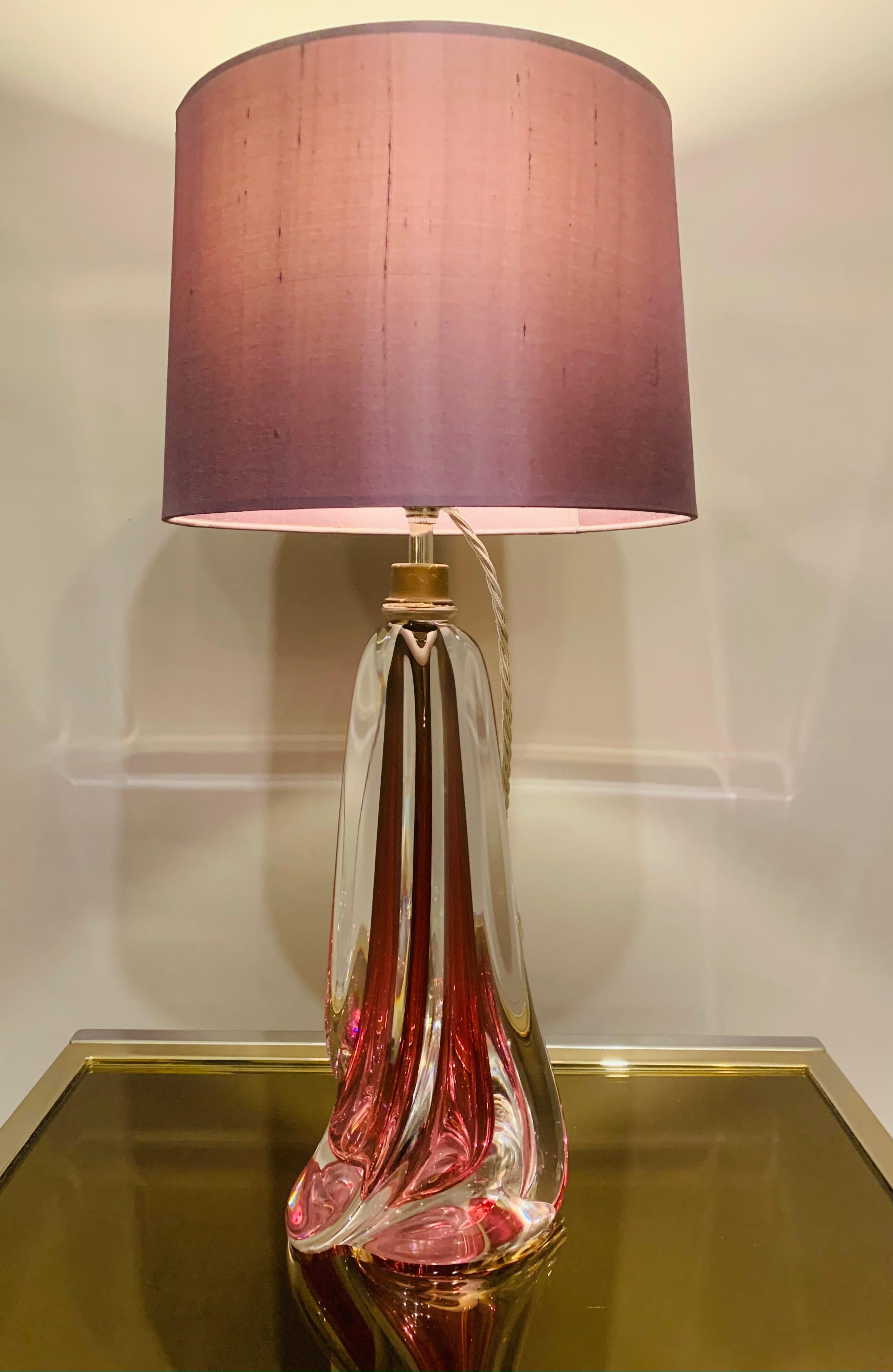 Belgian 1950s Belgium Val Saint Lambert Dark Red & Clear Crystal Glass Table Lamp