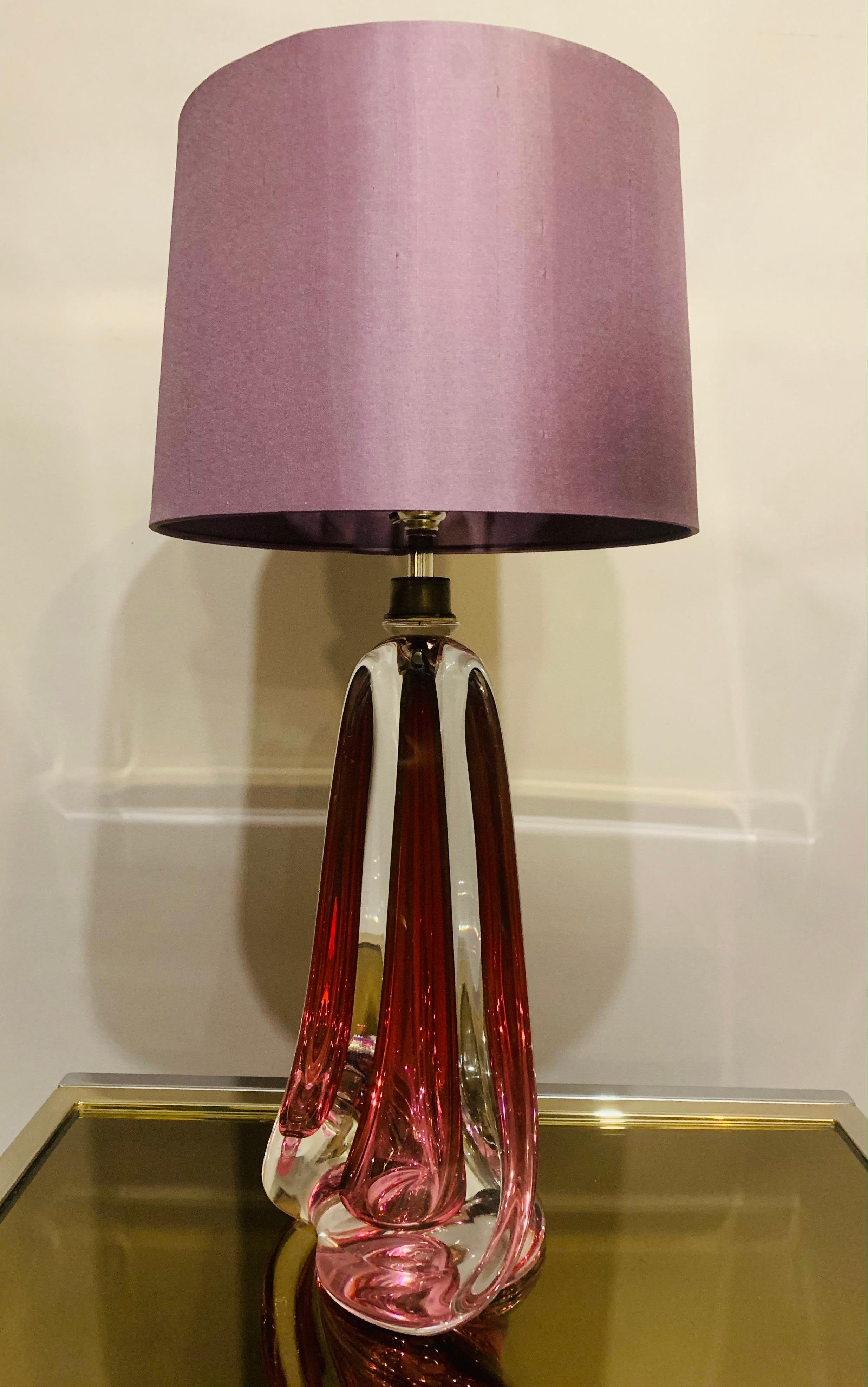 Polished 1950s Belgium Val Saint Lambert Dark Red & Clear Crystal Glass Table Lamp