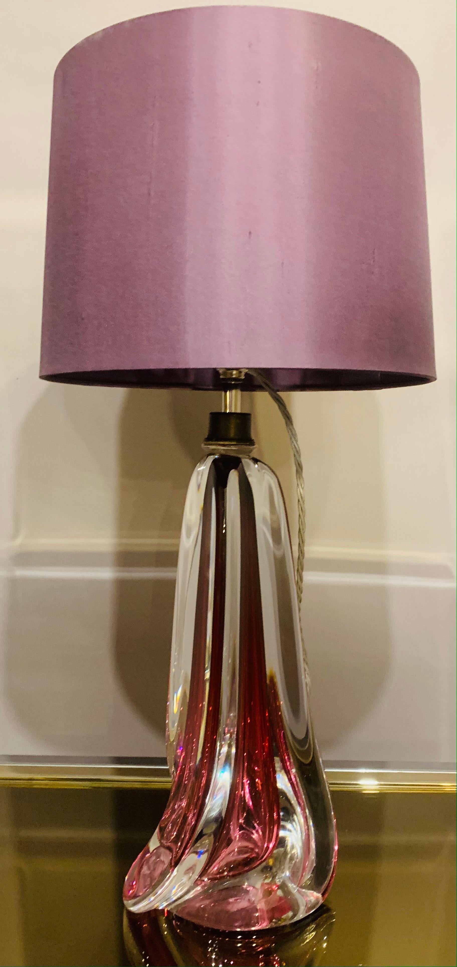 1950s Belgium Val Saint Lambert Dark Red & Clear Crystal Glass Table Lamp In Good Condition In London, GB