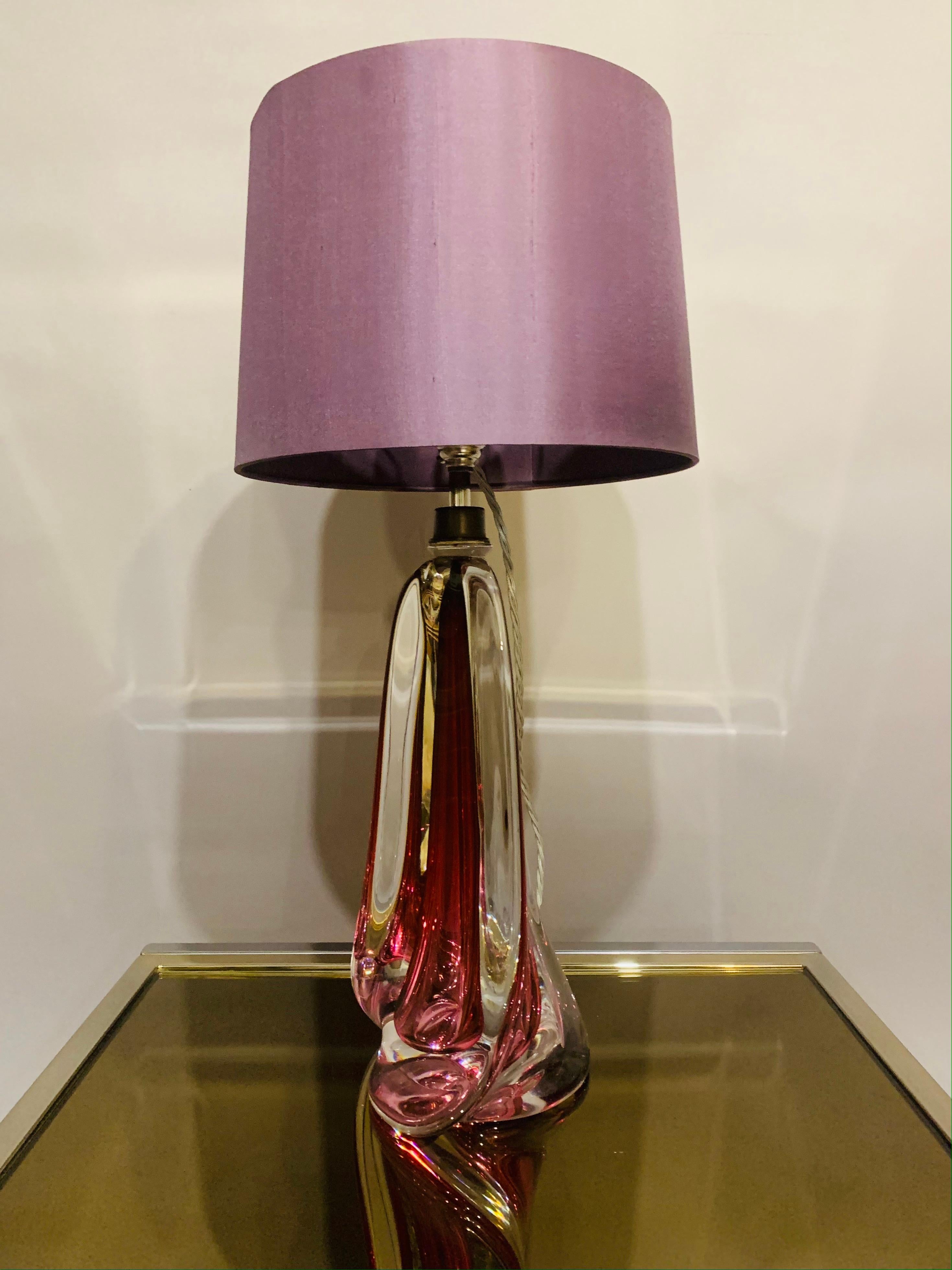 20th Century 1950s Belgium Val Saint Lambert Dark Red & Clear Crystal Glass Table Lamp