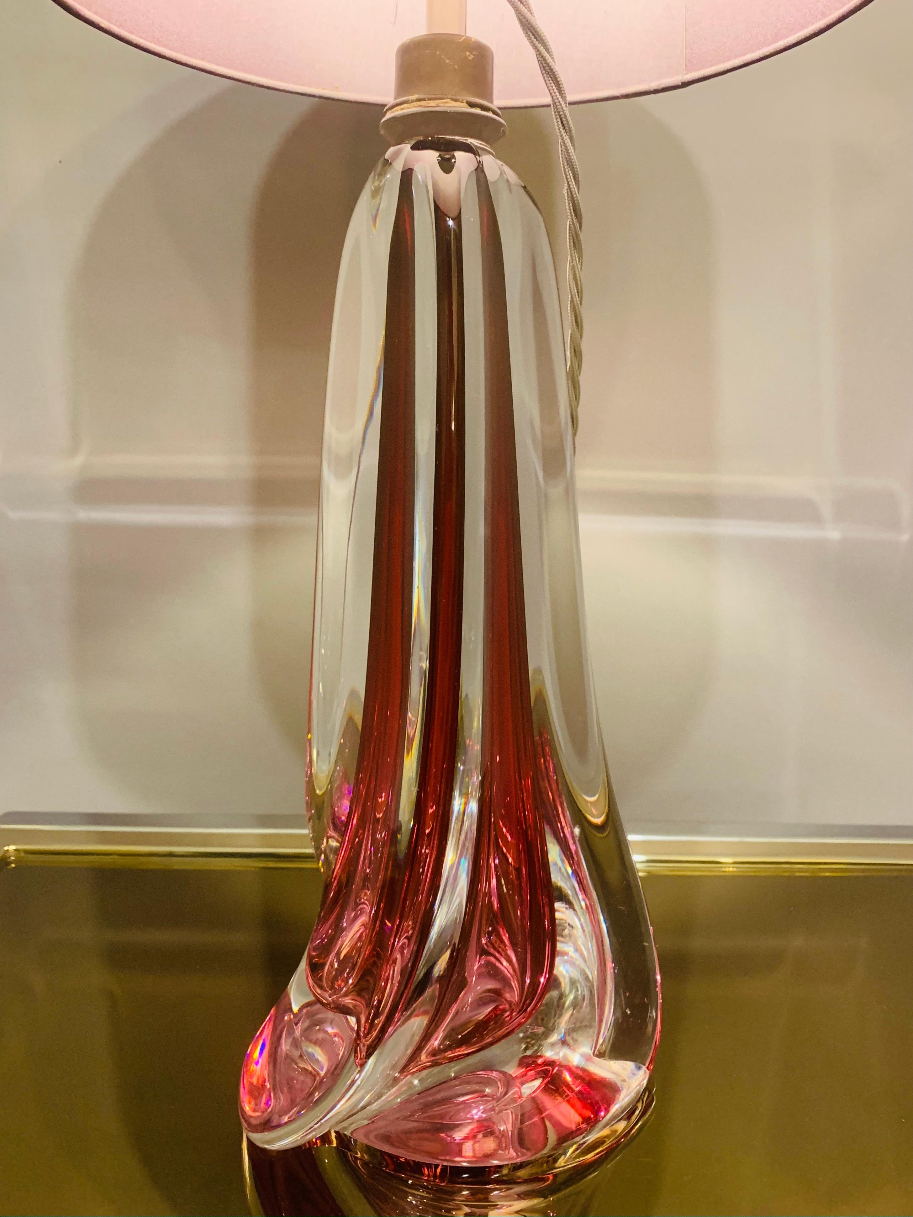 1950s Belgium Val Saint Lambert Dark Red & Clear Crystal Glass Table Lamp 1