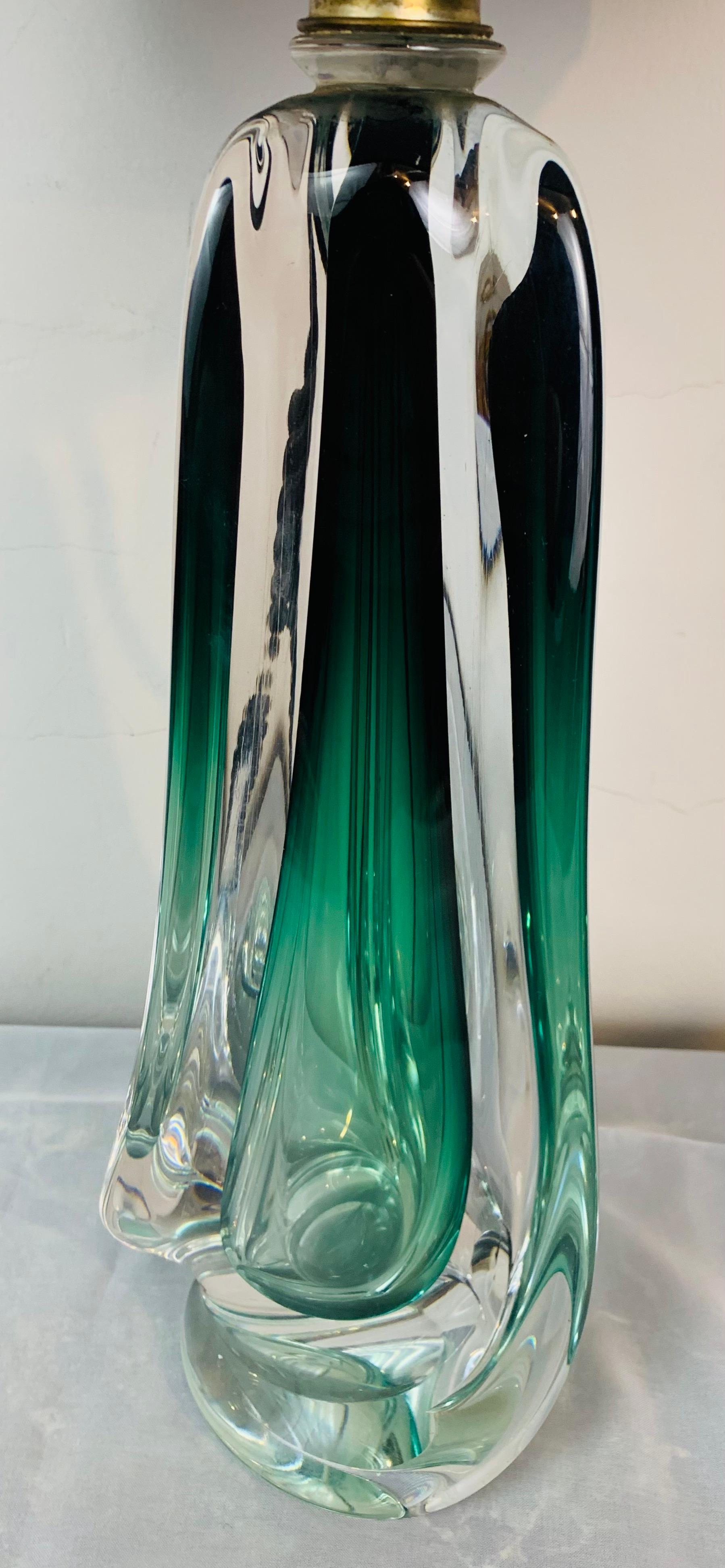 1950s Belgium Val Saint Lambert Green & Clear Crystal Glass Table Lamp 6