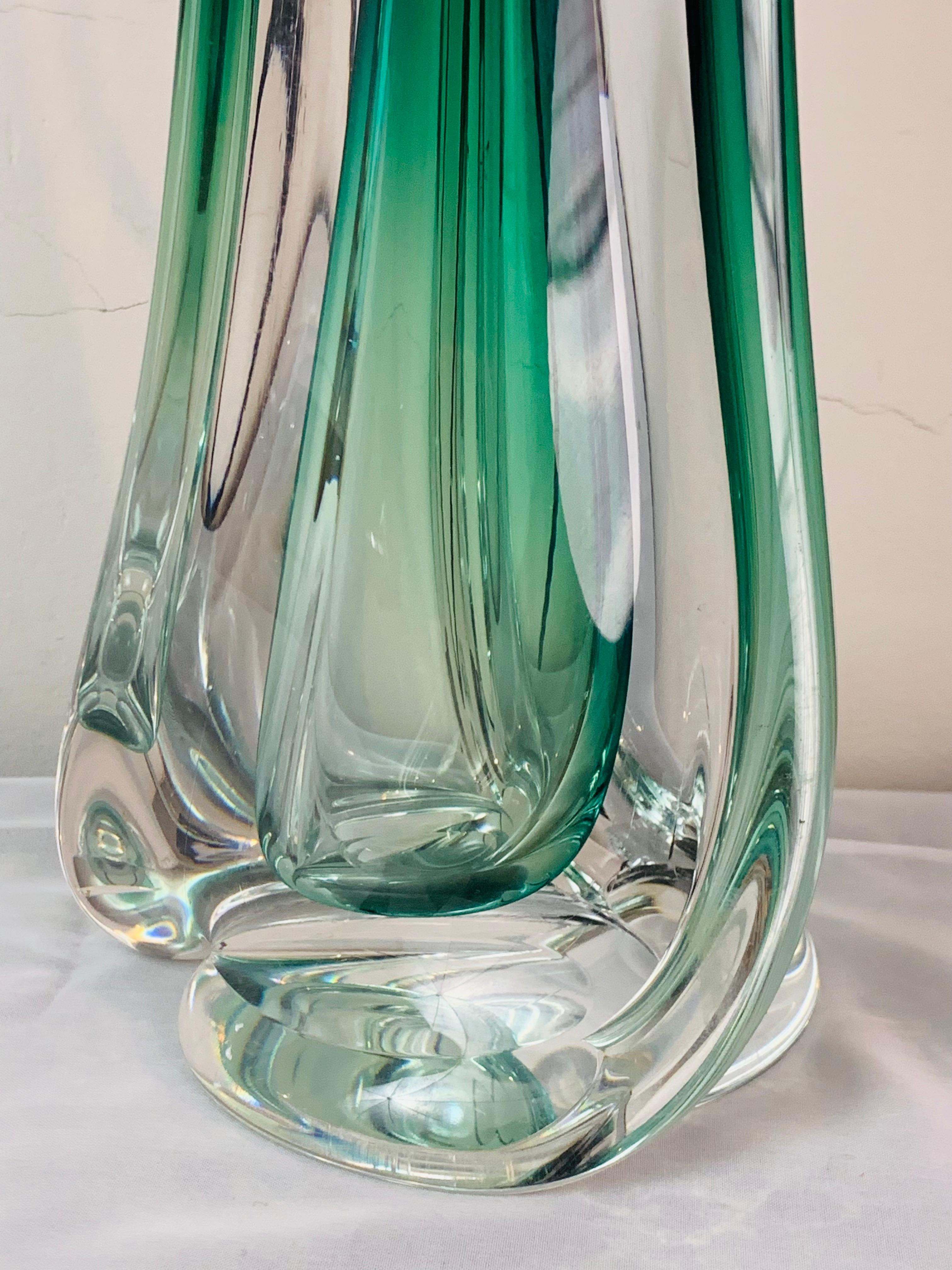 1950s Belgium Val Saint Lambert Green & Clear Crystal Glass Table Lamp 9