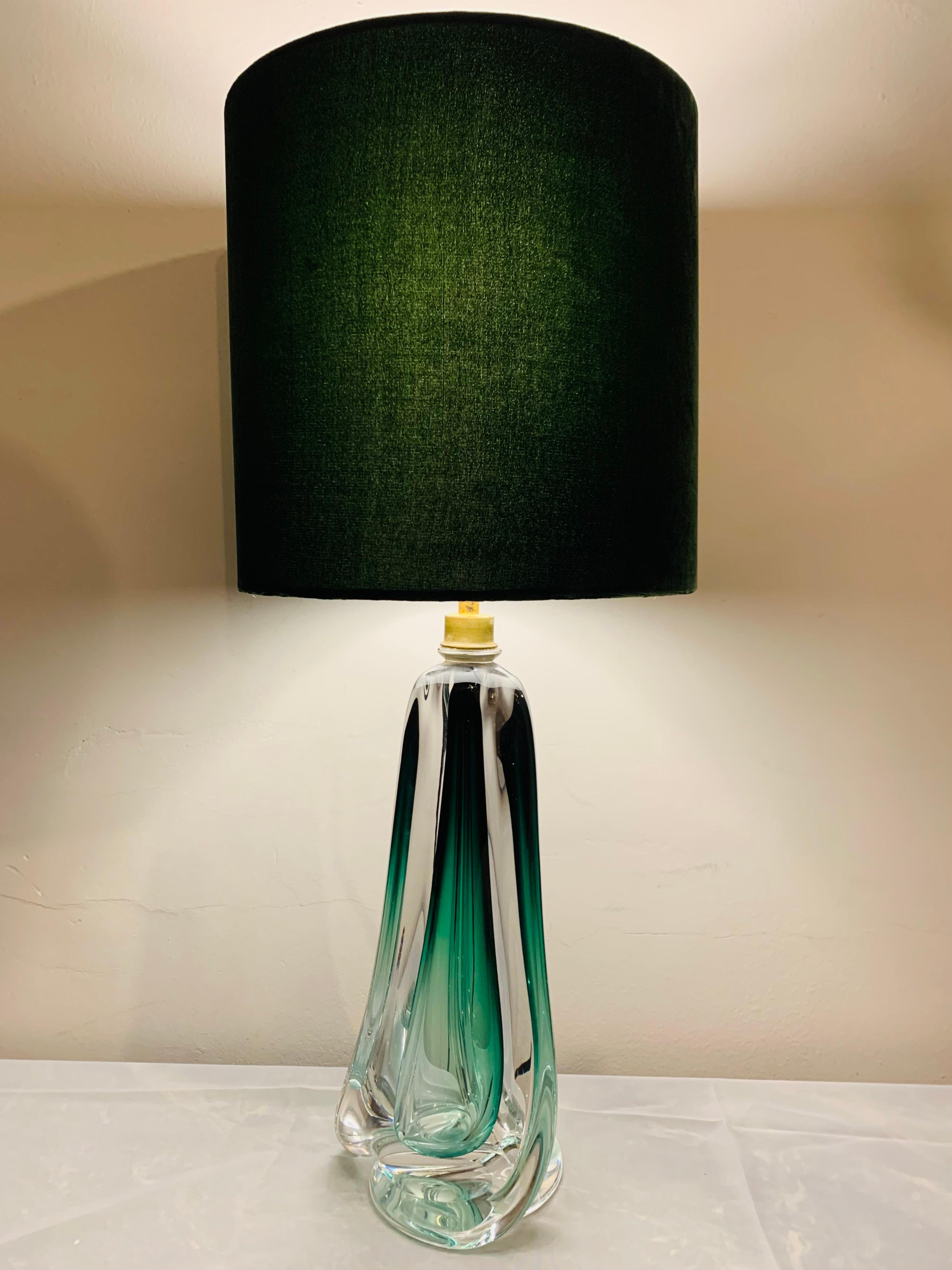 1950s Belgium Val St Lambert green and clear crystal glass table lamp base of tapering geometric form with a polished brass socket fitting and silver silk flex. Handmade in heavy lead crystal glass in Belgium which makes each one slightly different