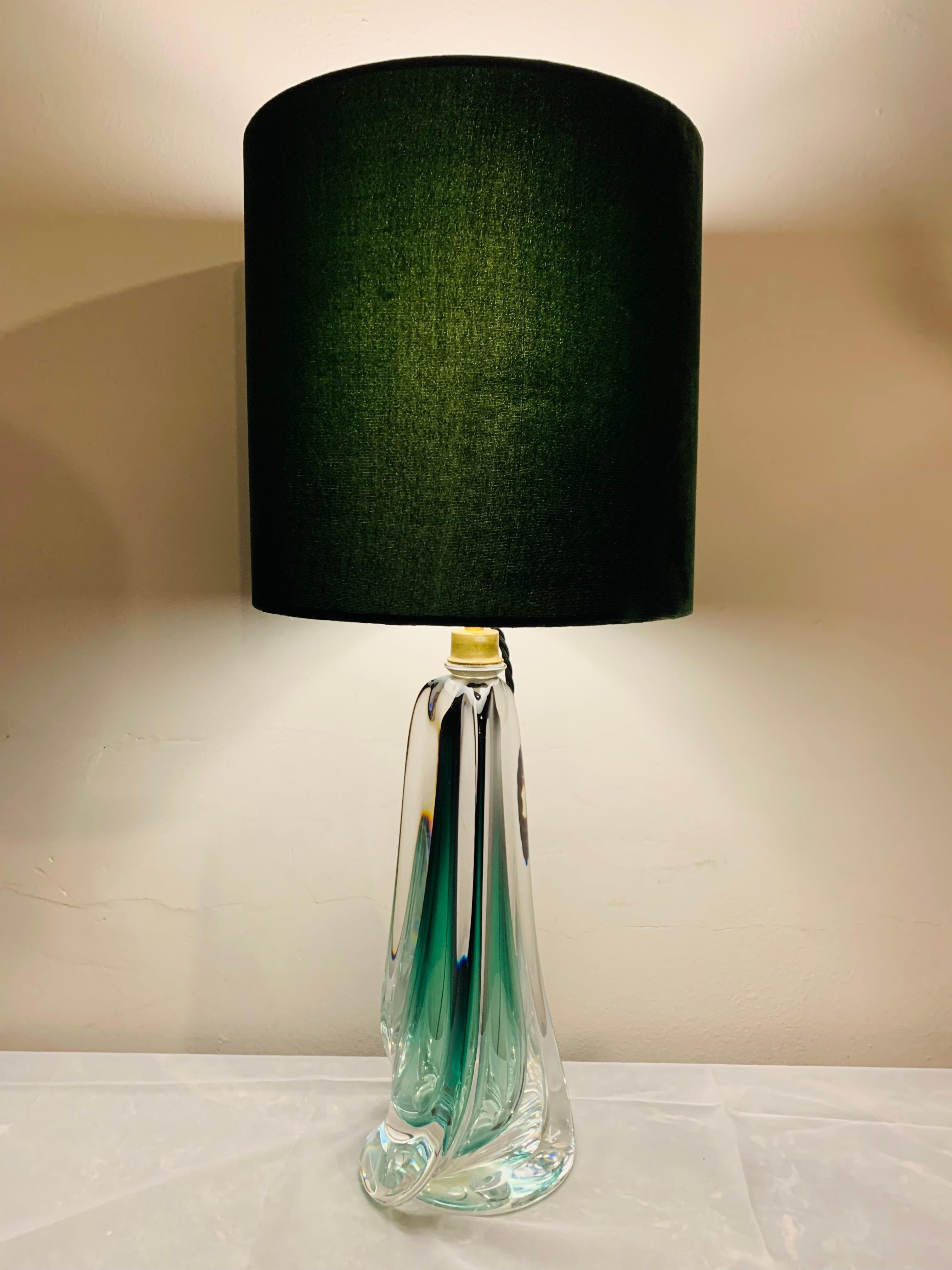 Mid-Century Modern 1950s Belgium Val Saint Lambert Green & Clear Crystal Glass Table Lamp