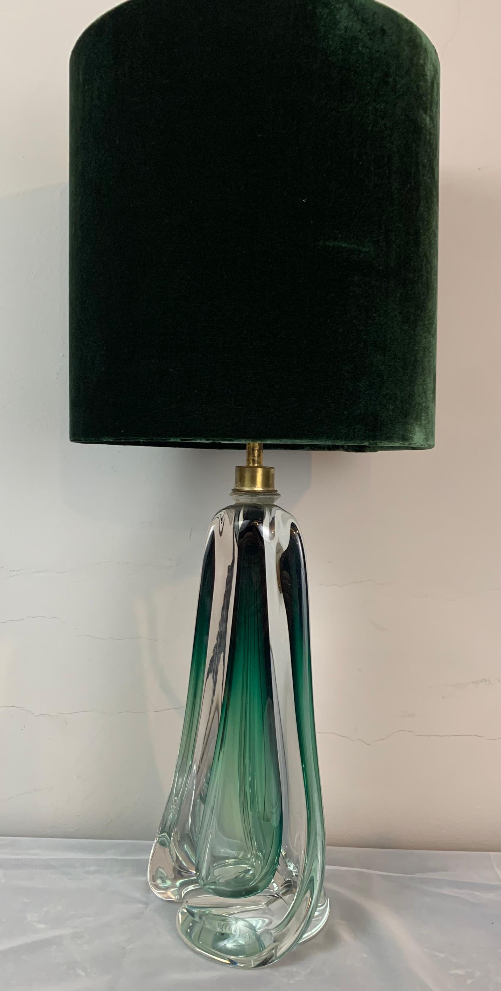 Belgian 1950s Belgium Val Saint Lambert Green & Clear Crystal Glass Table Lamp