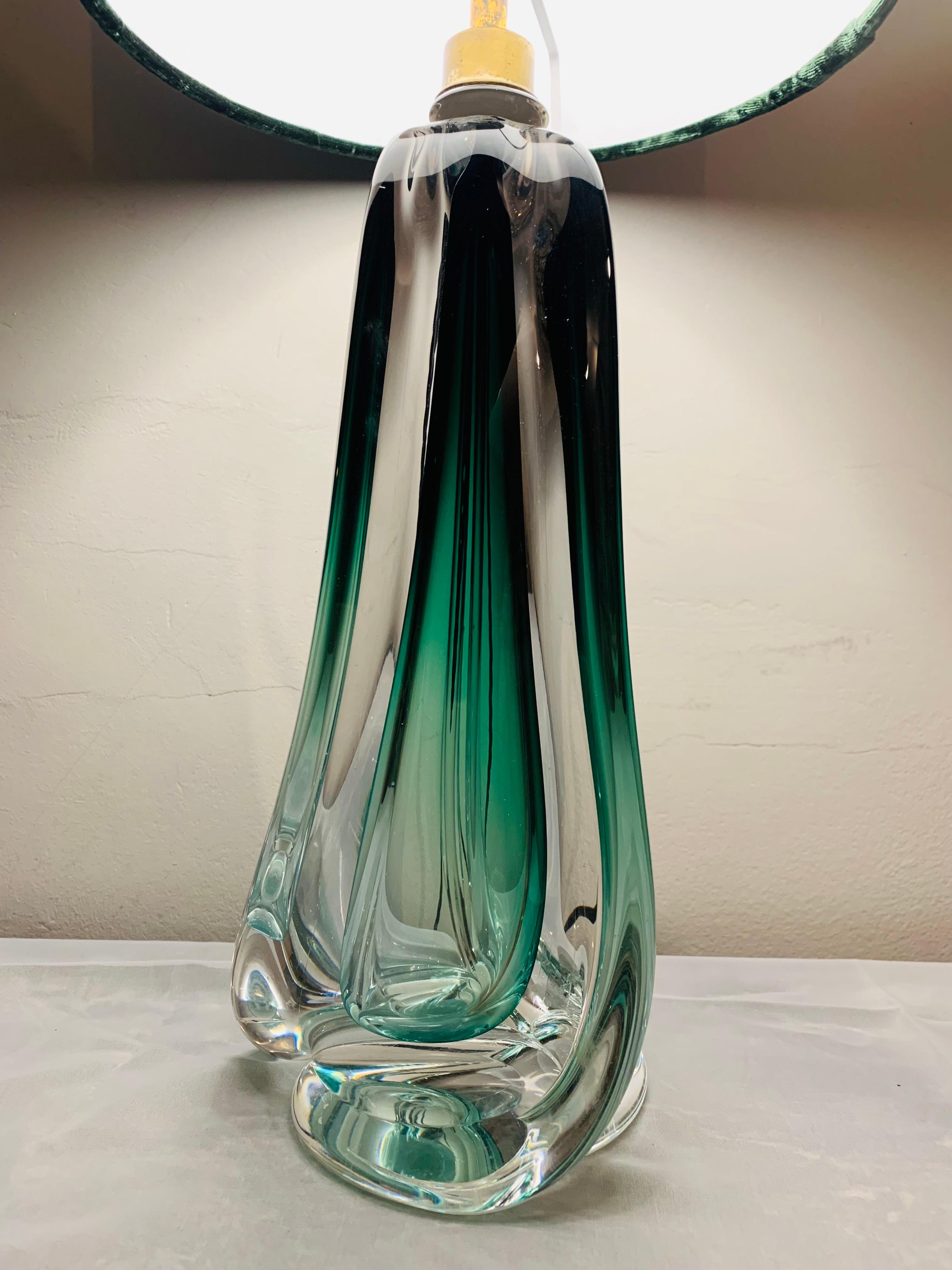Polished 1950s Belgium Val Saint Lambert Green & Clear Crystal Glass Table Lamp