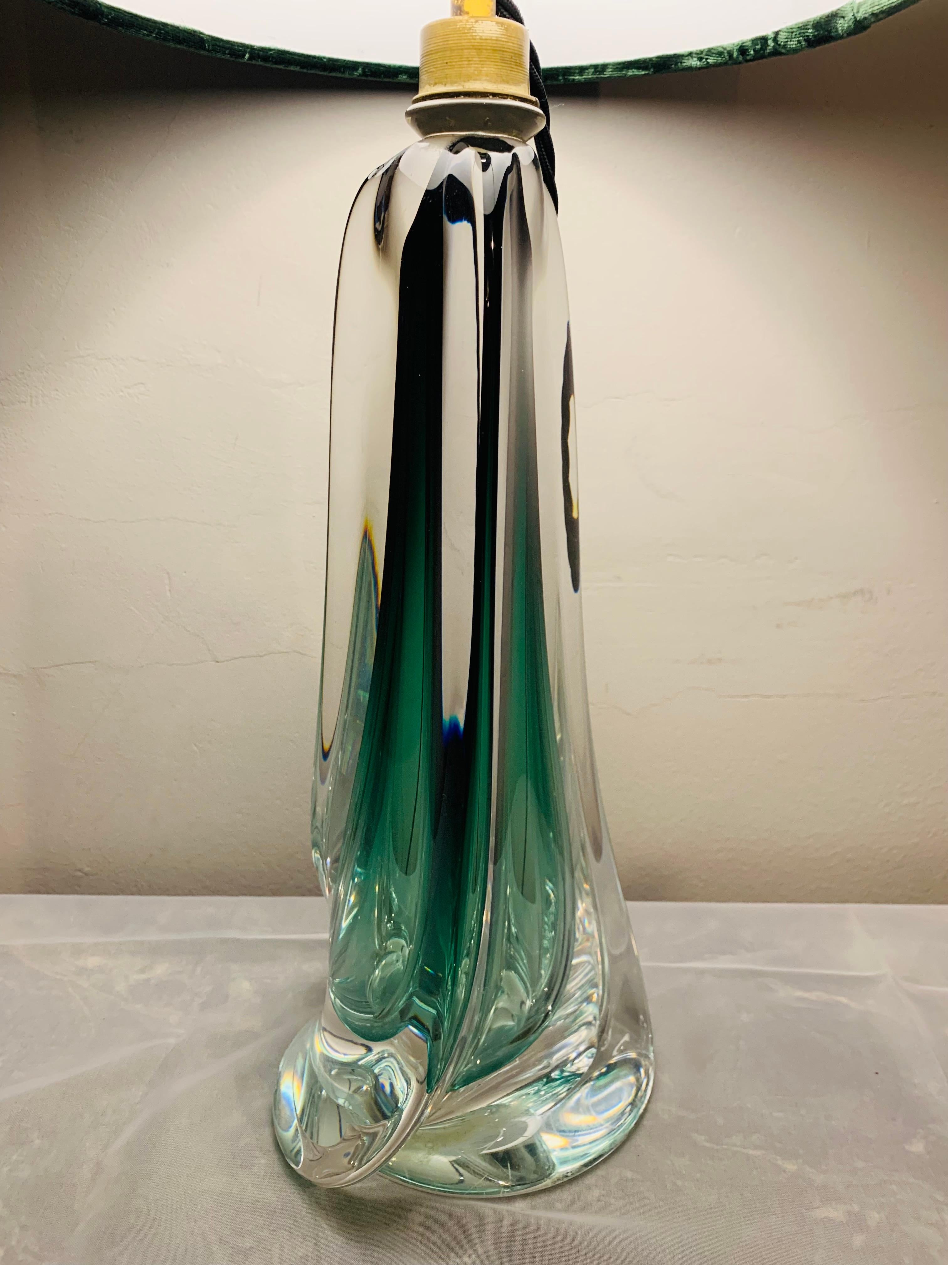 1950s Belgium Val Saint Lambert Green & Clear Crystal Glass Table Lamp In Good Condition In London, GB